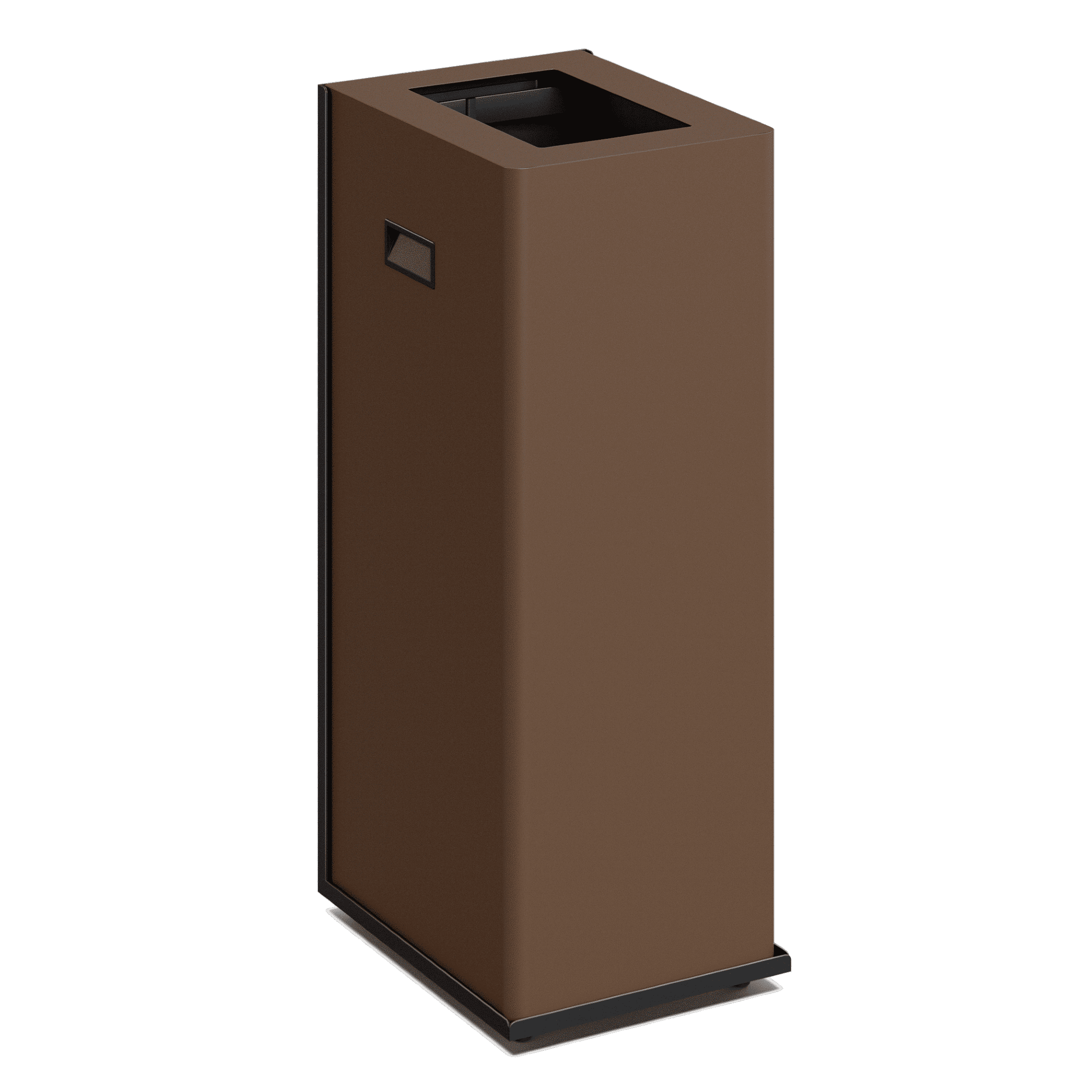Produktbillede af en affaldsbeholder i et flot design. Den har et rektangulært design og øverst er et rektangulært indkast på affaldsbeholdere til skrald. Den fremstår i nuancen mørkebrun