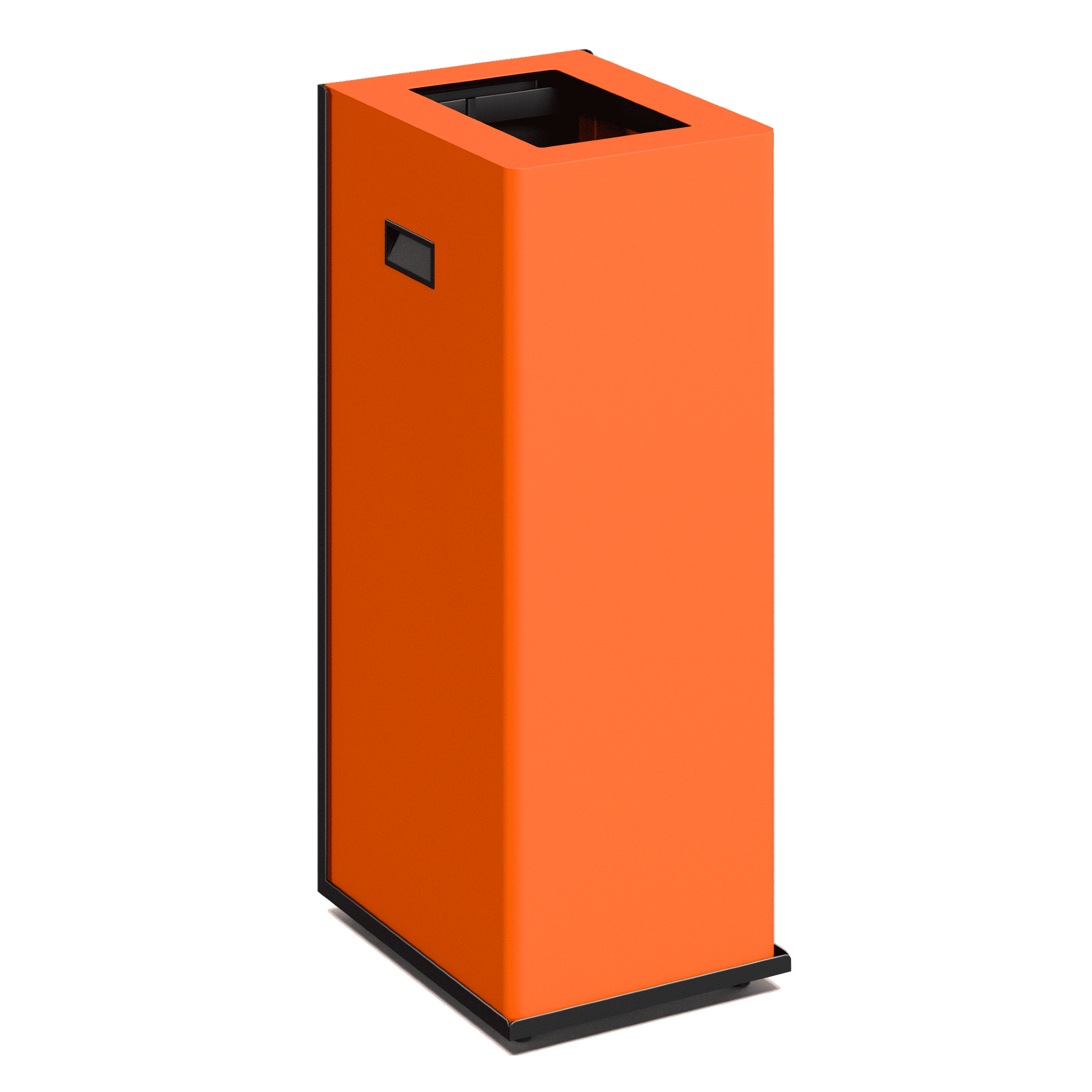 Produktbillede af en affaldsbeholder i et flot design. Den har et rektangulært design og øverst er et rektangulært indkast på affaldsbeholdere til skrald. Den fremstår i nuancen orange
