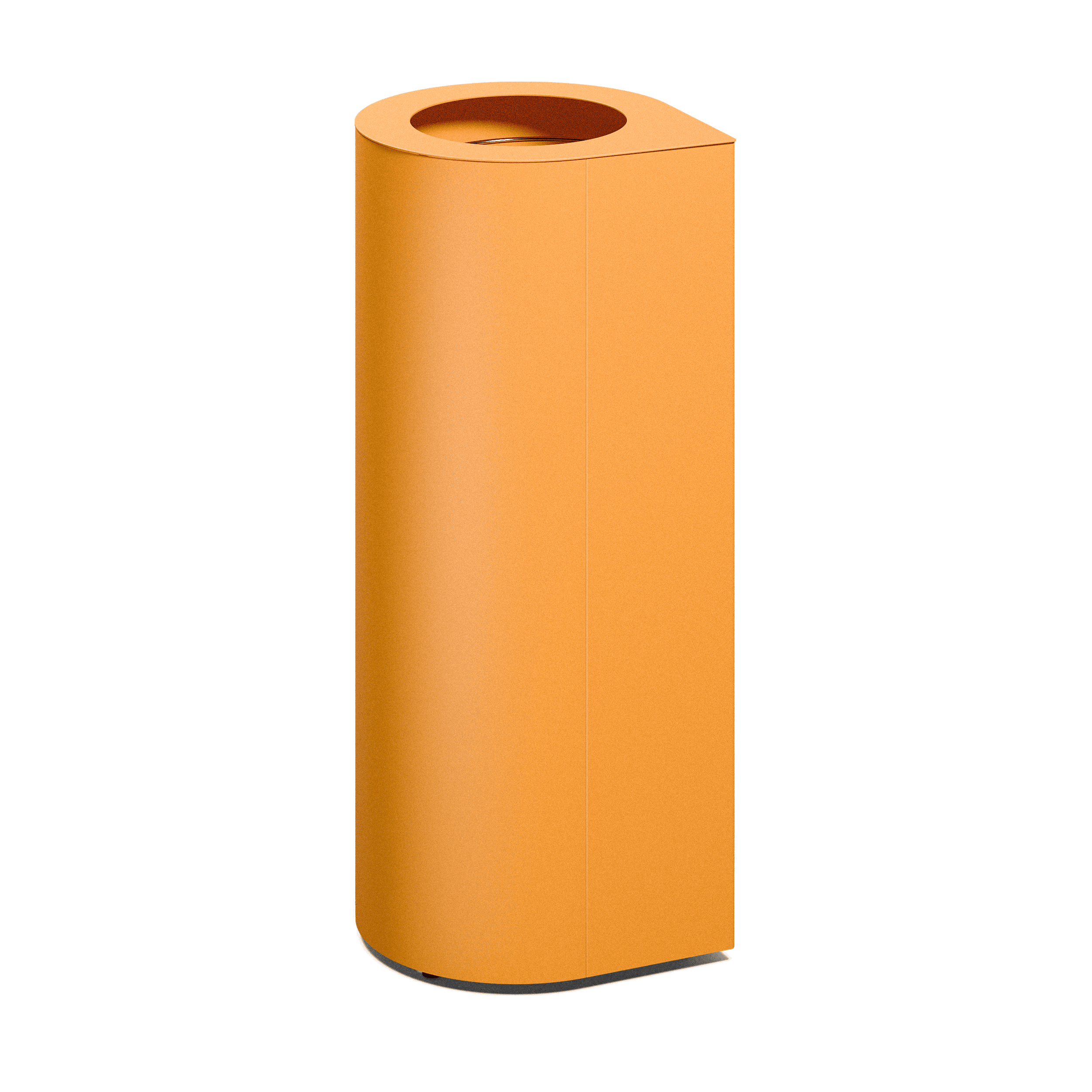Produktbillede af en affaldsbeholder som fremstår med et ovalt slankt design, hvor der i toppen kan ses 1 indkast. Denne fremstår i nuancen gul