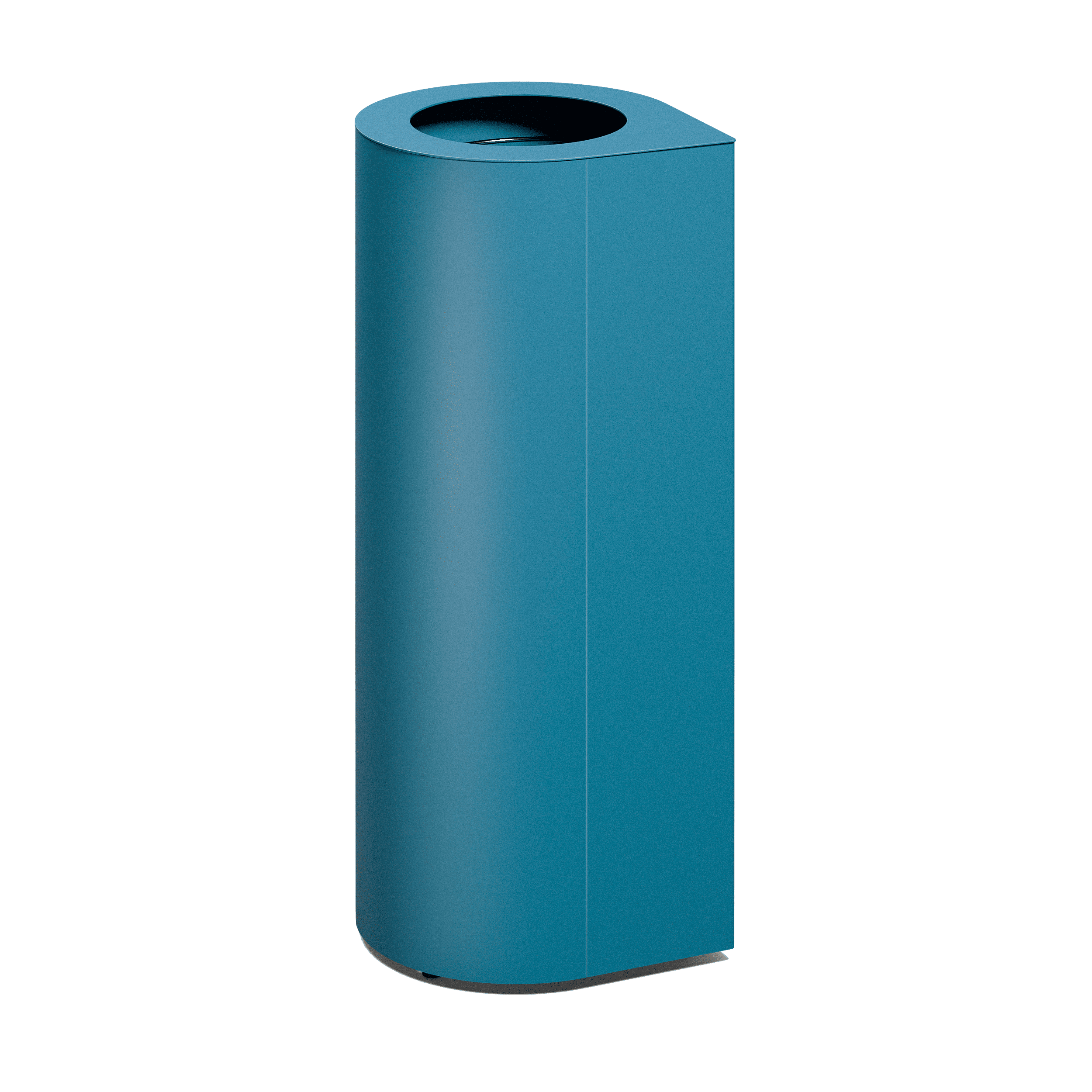 Produktbillede af en affaldsbeholder som fremstår med et ovalt slankt design, hvor der i toppen kan ses 1 indkast. Denne fremstår i nuancen blå