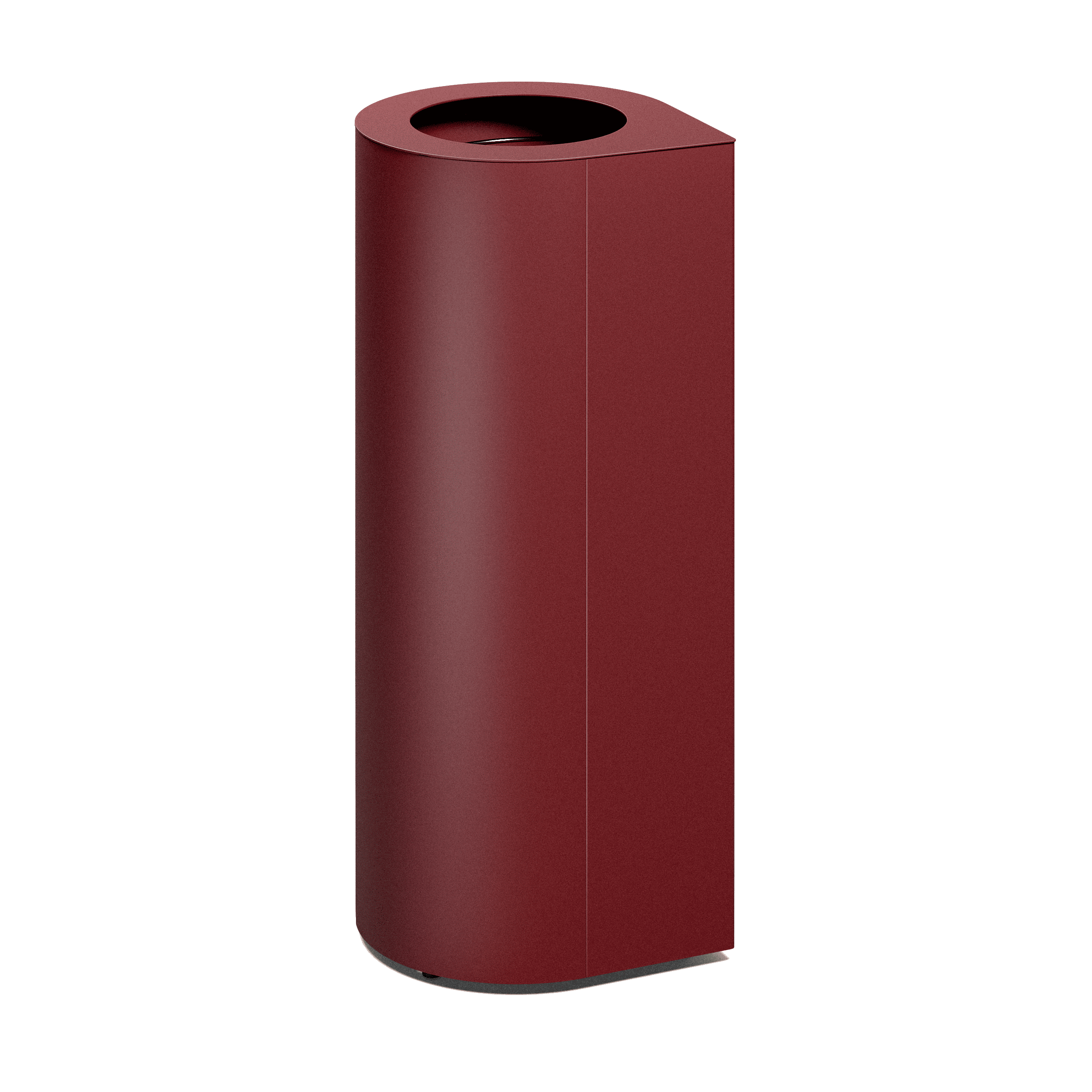 Produktbillede af en affaldsbeholder som fremstår med et ovalt slankt design, hvor der i toppen kan ses 1 indkast. Denne fremstår i nuancen bordeaux
