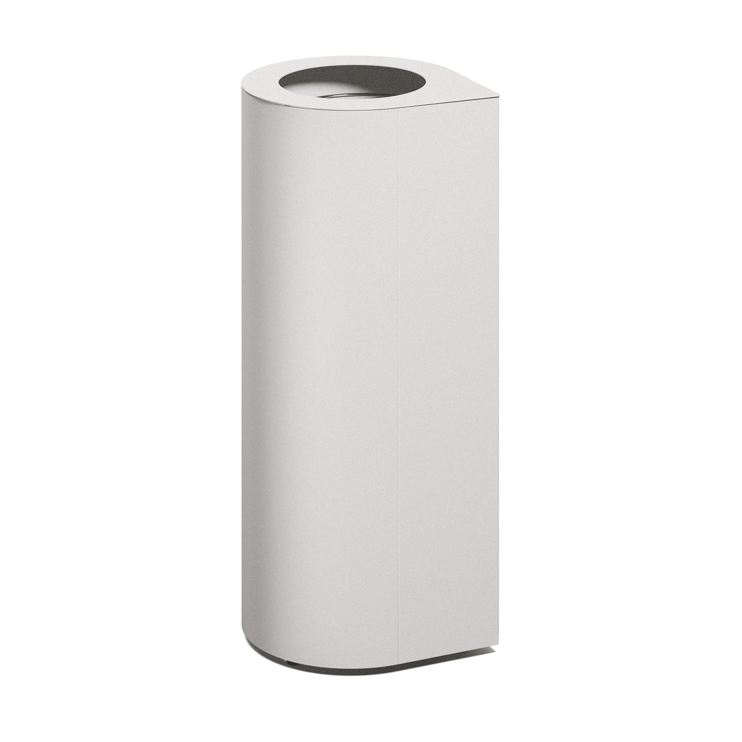 Produktbillede af en affaldsbeholder som fremstår med et ovalt slankt design, hvor der i toppen kan ses 1 indkast. Denne fremstår i nuancen hvid