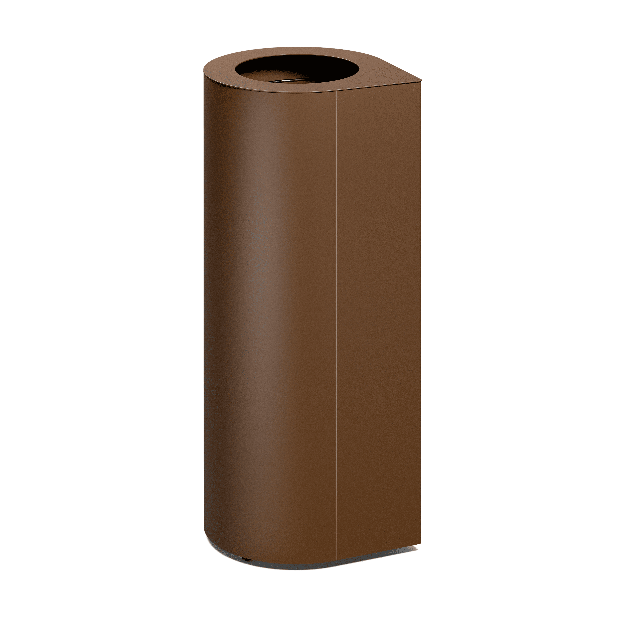 Produktbillede af en affaldsbeholder som fremstår med et ovalt slankt design, hvor der i toppen kan ses 1 indkast. Denne fremstår i nuancen mørkebrun