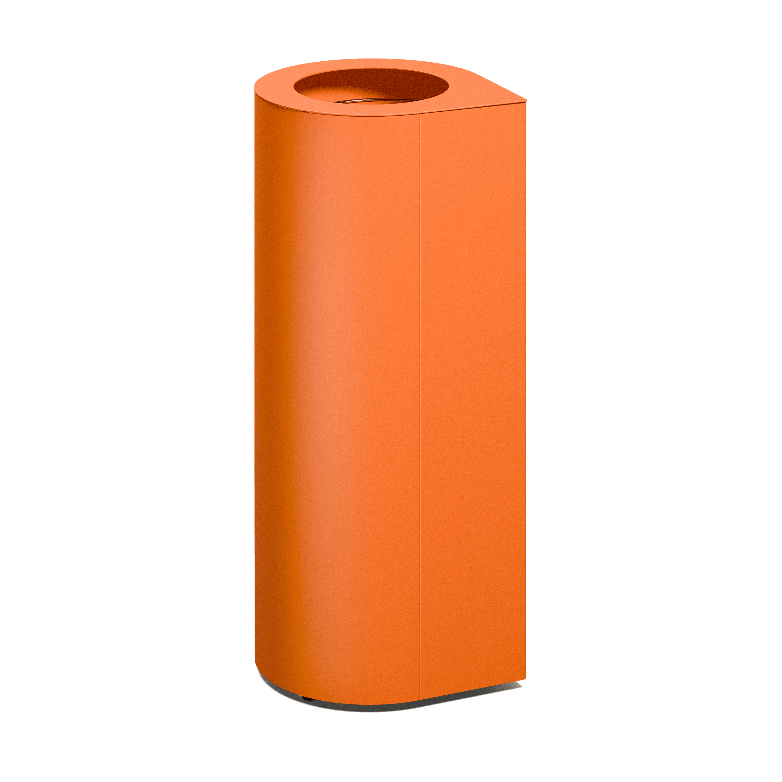 Produktbillede af en affaldsbeholder som fremstår med et ovalt slankt design, hvor der i toppen kan ses 1 indkast. Denne fremstår i nuancen orange