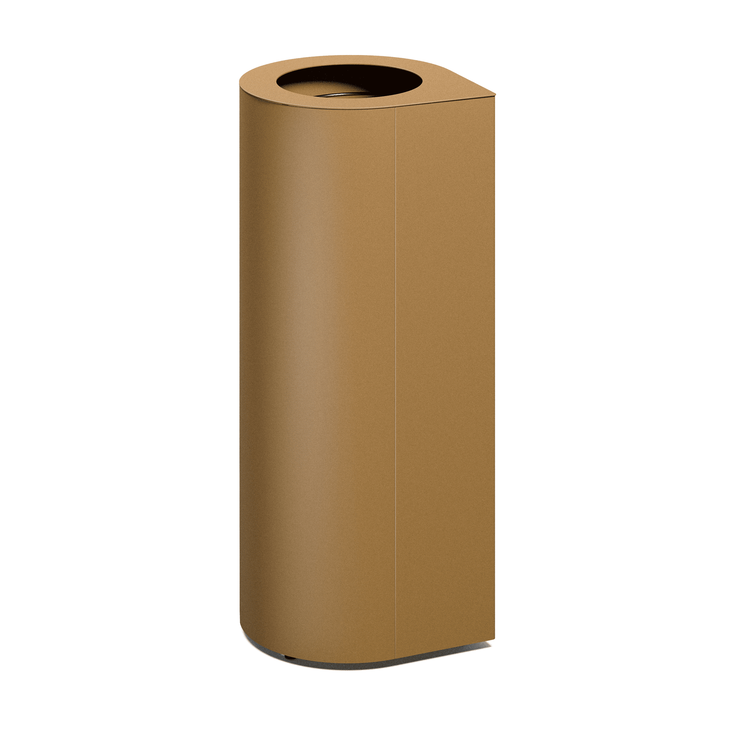 Produktbillede af en affaldsbeholder som fremstår med et ovalt slankt design, hvor der i toppen kan ses 1 indkast. Denne fremstår i nuancen brun