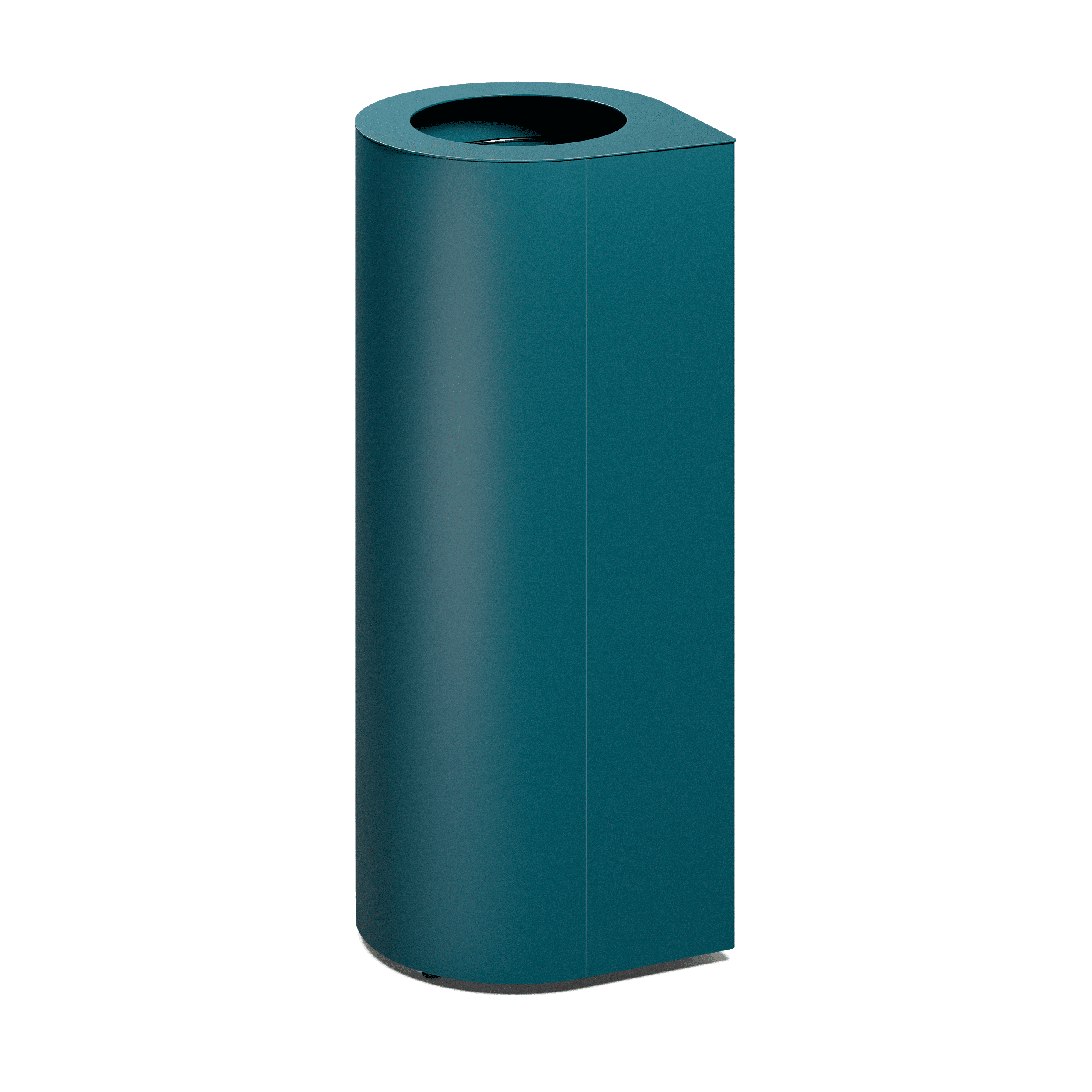 Produktbillede af en affaldsbeholder som fremstår med et ovalt slankt design, hvor der i toppen kan ses 1 indkast. Denne fremstår i nuancen blå