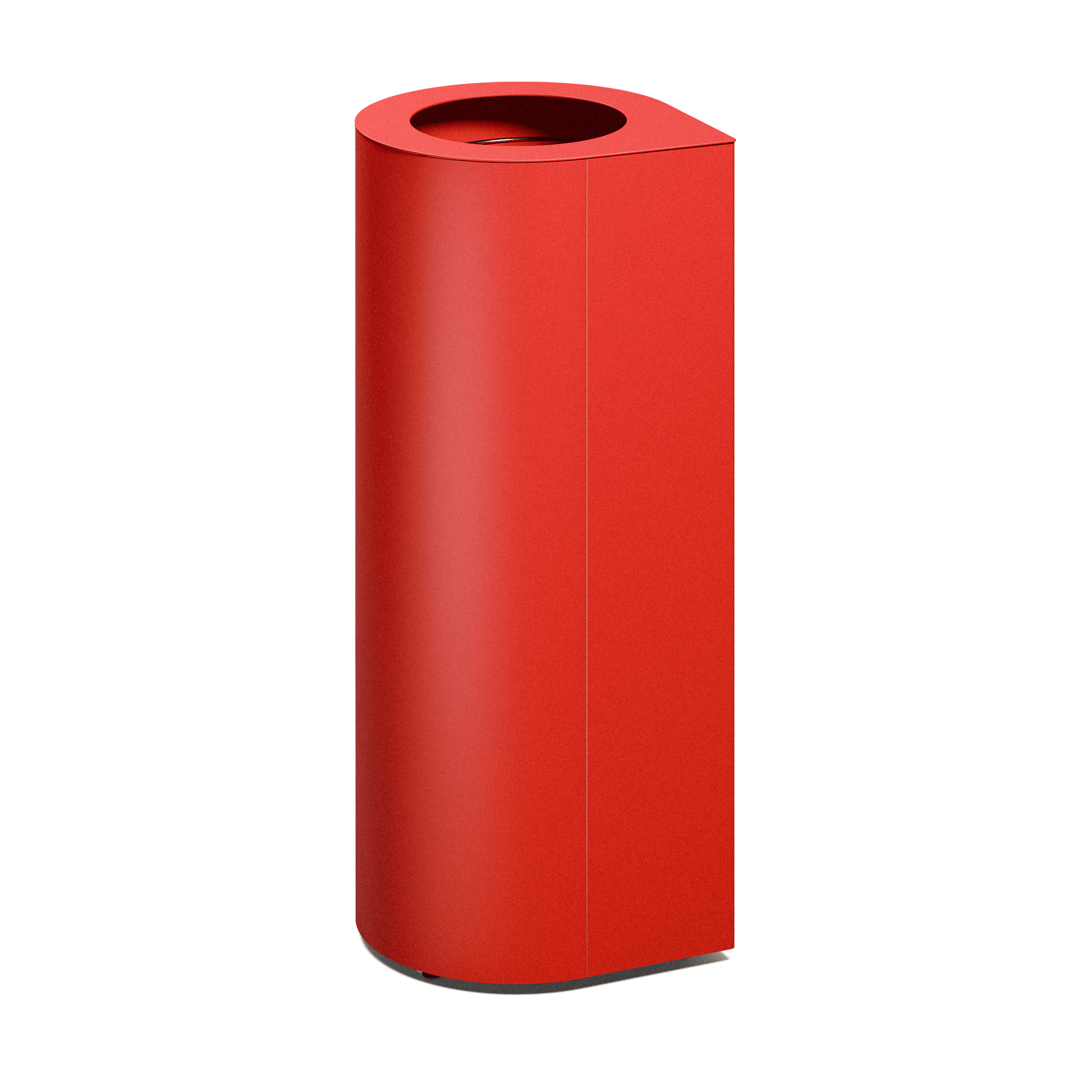 Produktbillede af en affaldsbeholder som fremstår med et ovalt slankt design, hvor der i toppen kan ses 1 indkast. Denne fremstår i nuancen rød