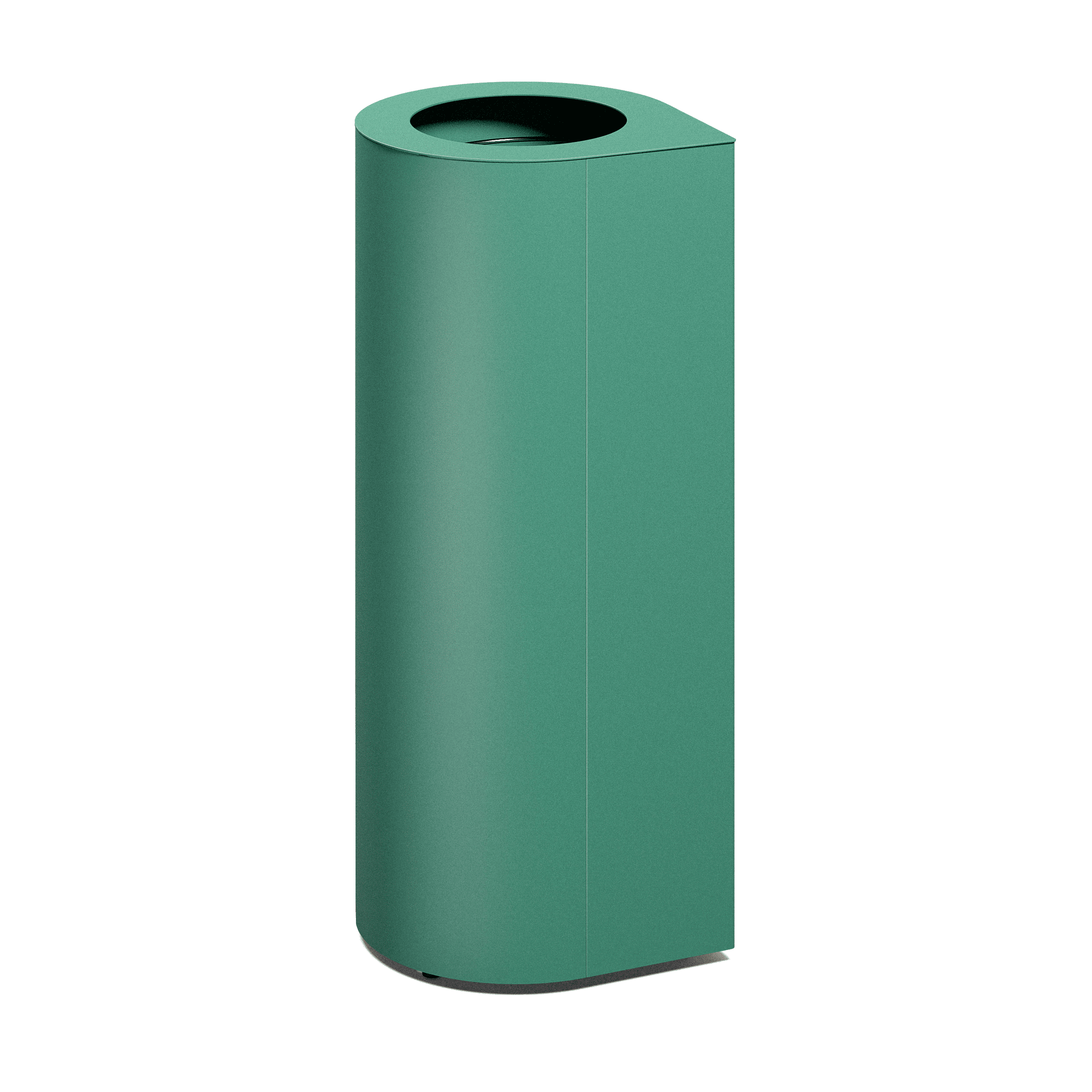 Produktbillede af en affaldsbeholder som fremstår med et ovalt slankt design, hvor der i toppen kan ses 1 indkast. Denne fremstår i nuancen grøn