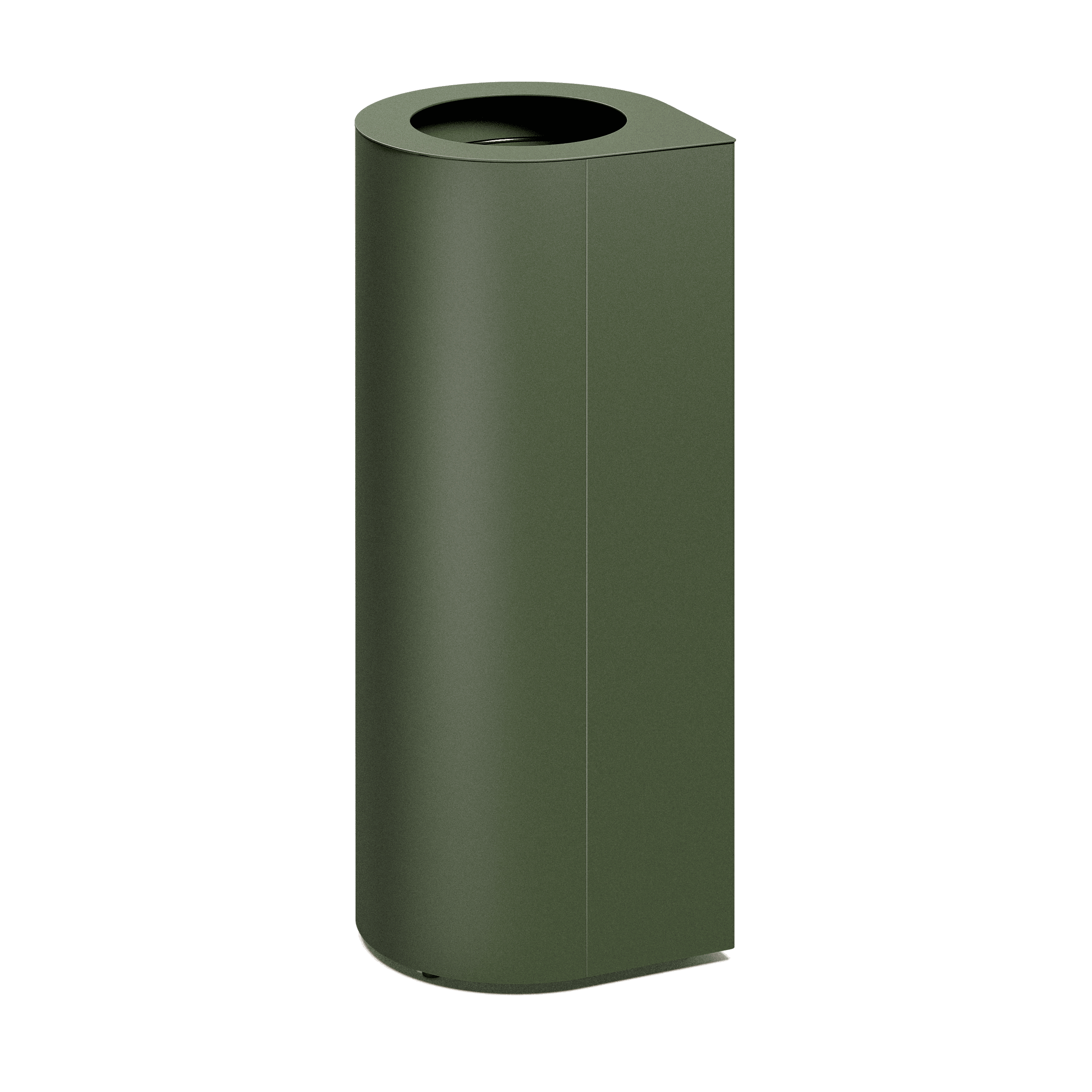 Produktbillede af en affaldsbeholder som fremstår med et ovalt slankt design, hvor der i toppen kan ses 1 indkast. Denne fremstår i nuancen mørkegrøn