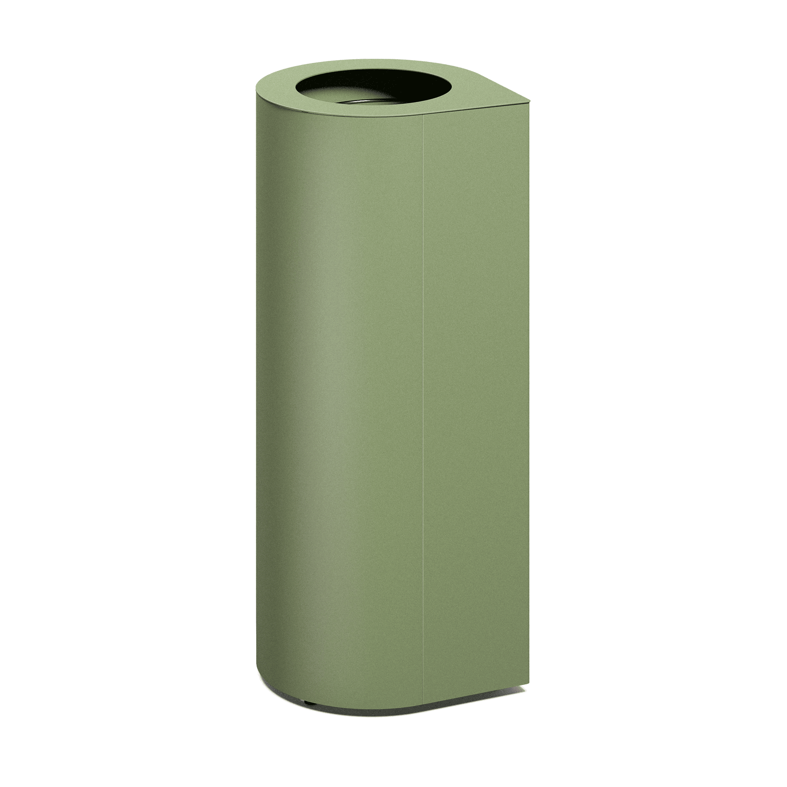 Produktbillede af en affaldsbeholder som fremstår med et ovalt slankt design, hvor der i toppen kan ses 1 indkast. Denne fremstår i nuancen lysegrøn