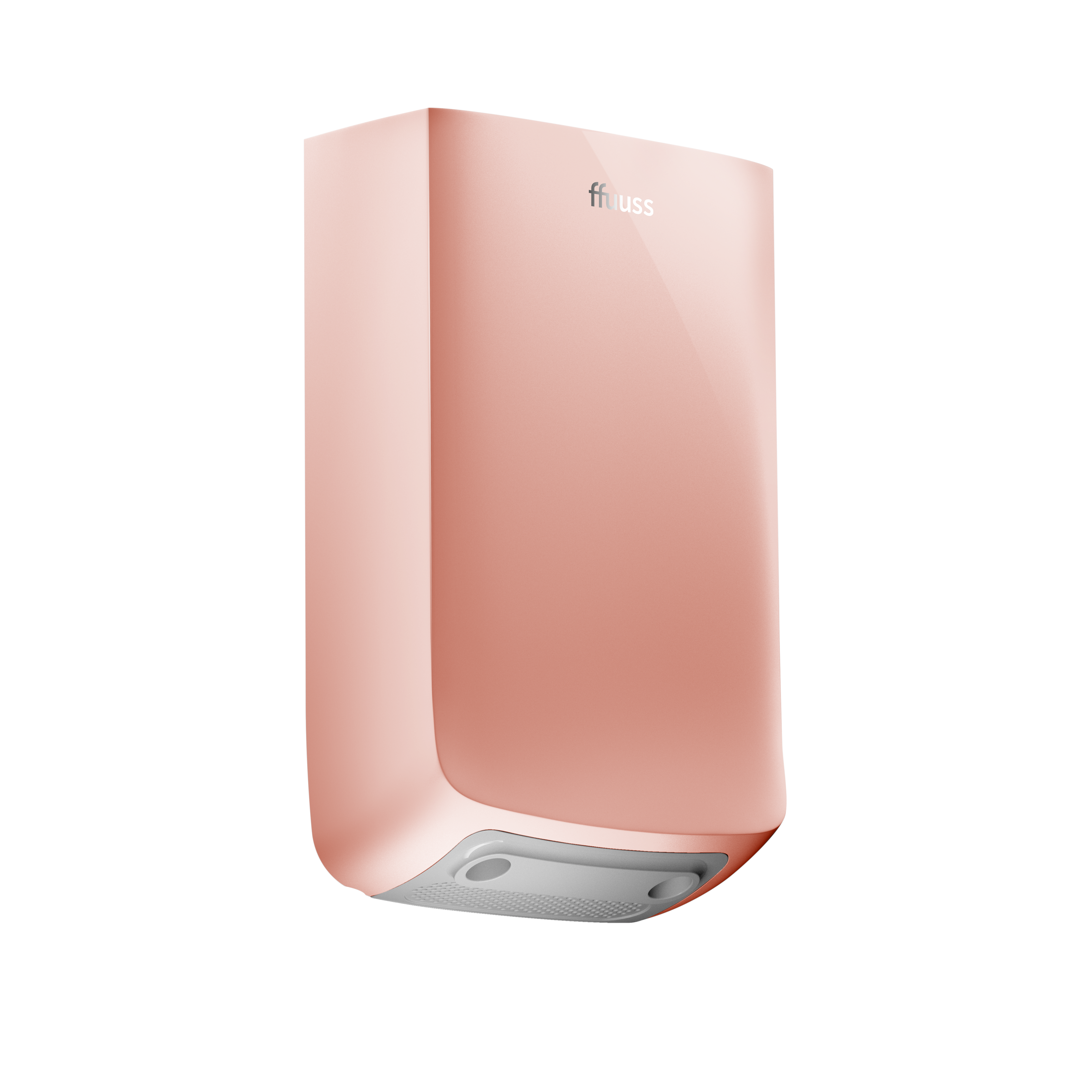 Produktbillede på hvid baggrund af FFUUSS EOS håndtørrer i pink plast. Det er en rektangulær enhed med afrundede hjørner. Nederst er der en diskret sensorudskæring og en luftudgang, hvor man placerer hænderne under når den er sat op. Billedet viser at farven har en glans som man kan se på skyggerne øverst.
