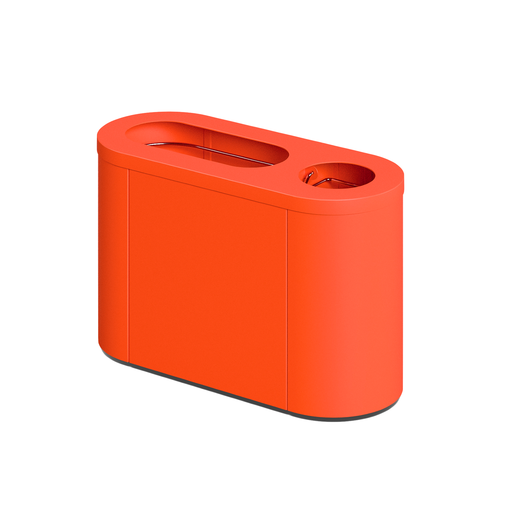 Produktbillede af en affaldsbeholder som fremstår med et rundt design, hvor der i toppen kan ses 2 indkast i forskellige størrelser. Denne fremstår i nuancen orange
