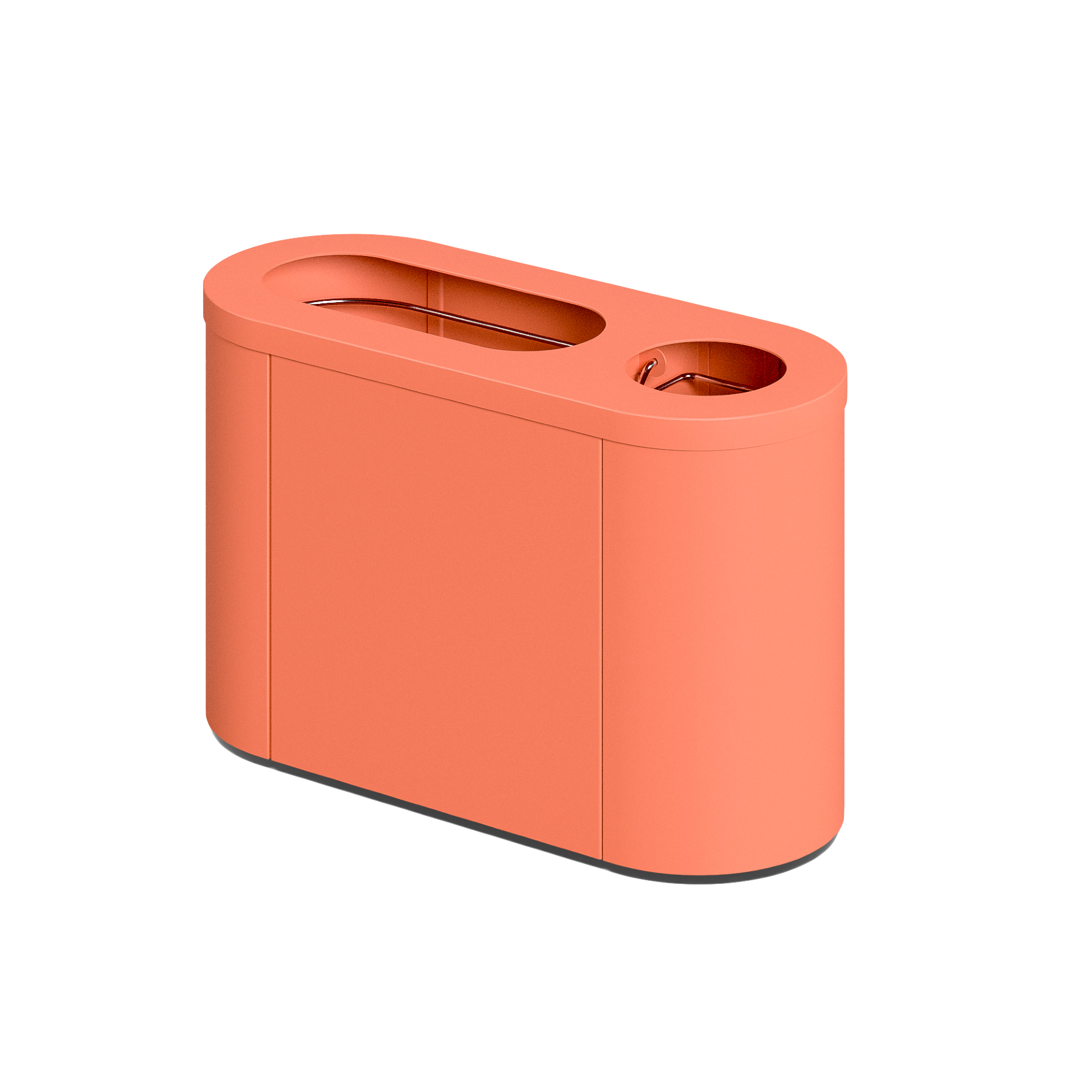 Produktbillede af en affaldsbeholder som fremstår med et rundt design, hvor der i toppen kan ses 2 indkast i forskellige størrelser. Denne fremstår i nuancen pink