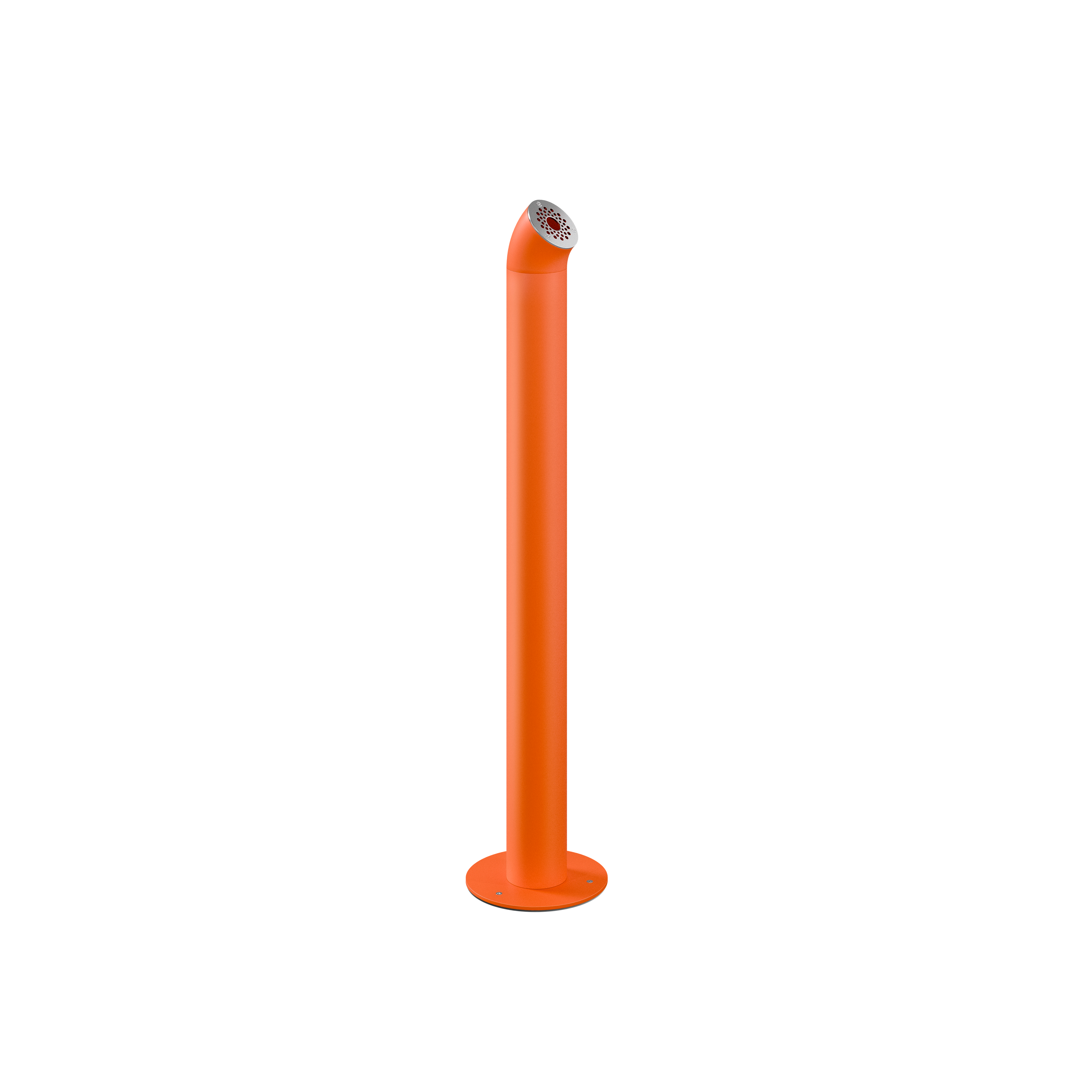 Billede af et askebæger til offentlige gader i et flot design. Askebægeret er designet så det ligner en slank orm, som kommer op af jorden, hvor man i toppen kan skodde sin cigaret. Denne er i farven orange