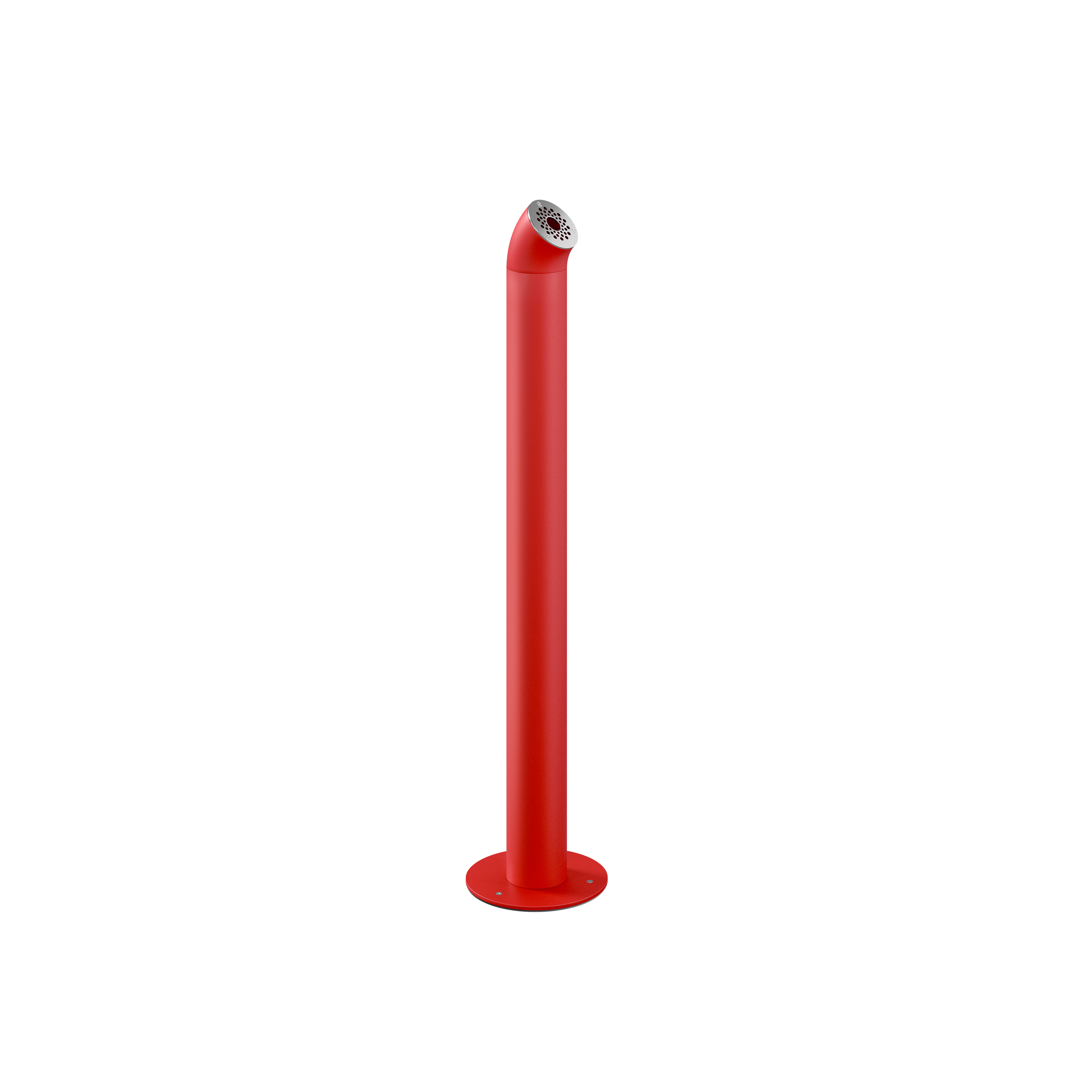 Billede af et askebæger til offentlige gader i et flot design. Askebægeret er designet så det ligner en slank orm, som kommer op af jorden, hvor man i toppen kan skodde sin cigaret. Denne er i farven rød