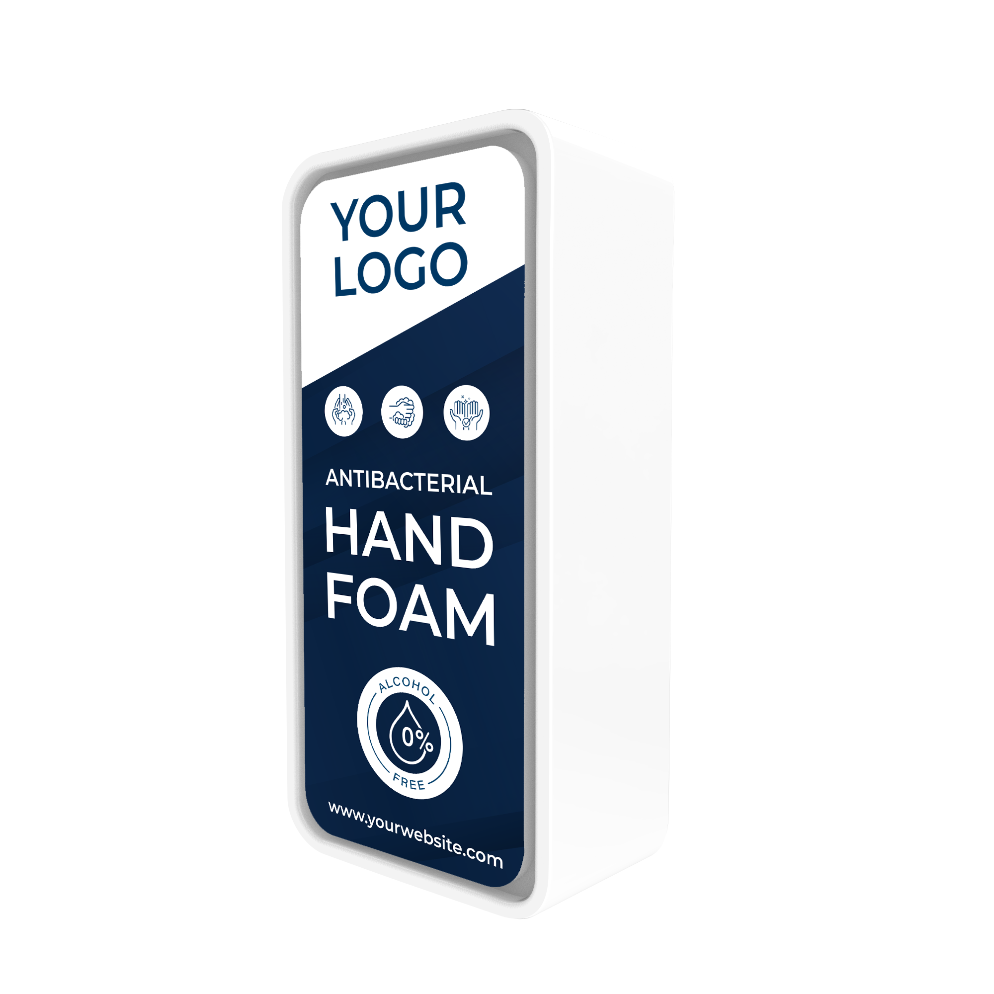 Billedet viser en sanify dispenser i blå og hvid, hvor der på fronten står "your logo", da kunden kan få den med eget print på fronten.