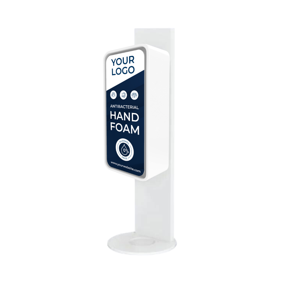 Billedet viser en sanify dispenser i blå og hvid, hvor der på fronten står "your logo". Dispenseren er på en bordstander.