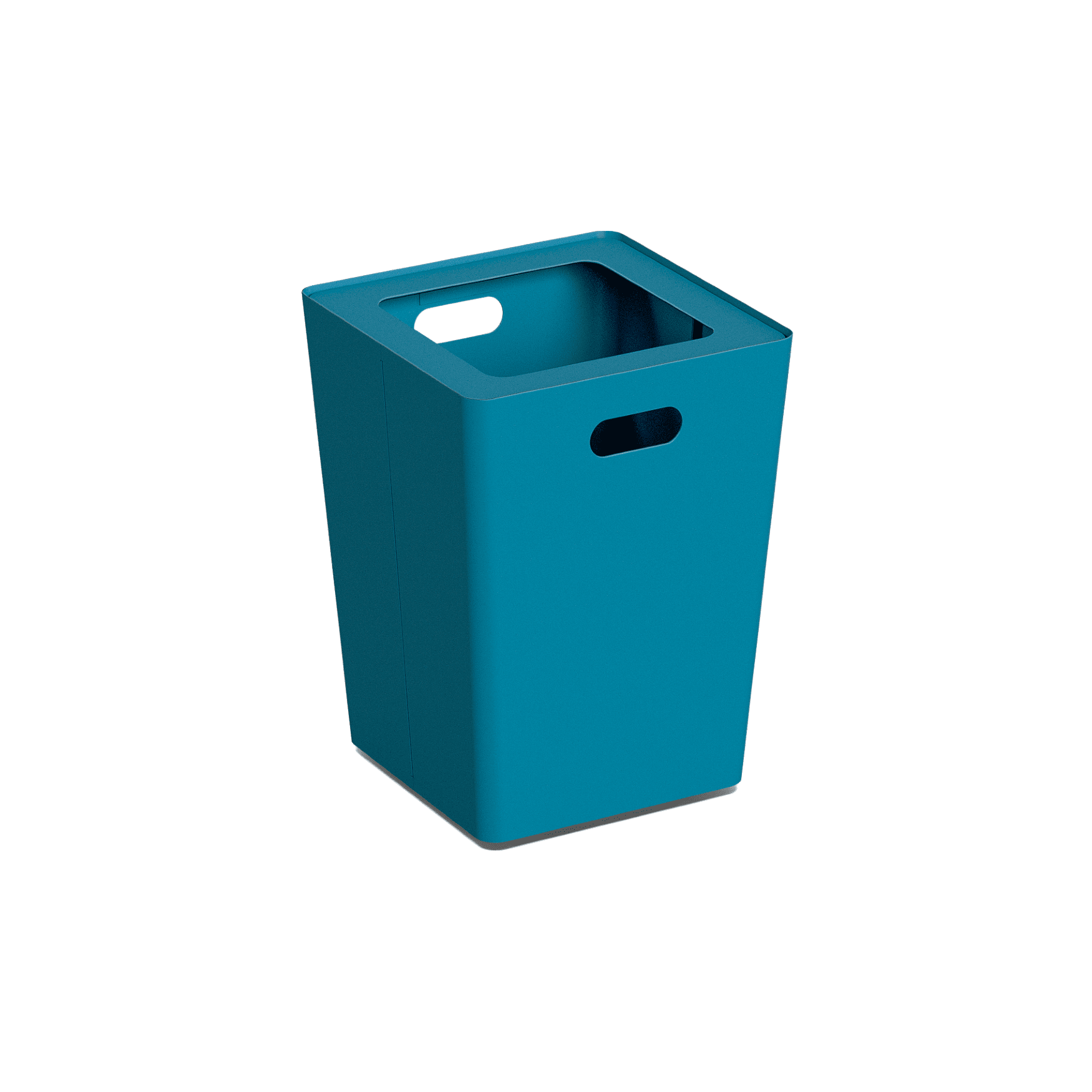 Produktbillede af en lille affaldsspand, som er i et firkanten design og indkast i toppen. Spanden bliver lidt slankere jo længere ned man kommer. Den har 2 håndtag og er i nuancen blå