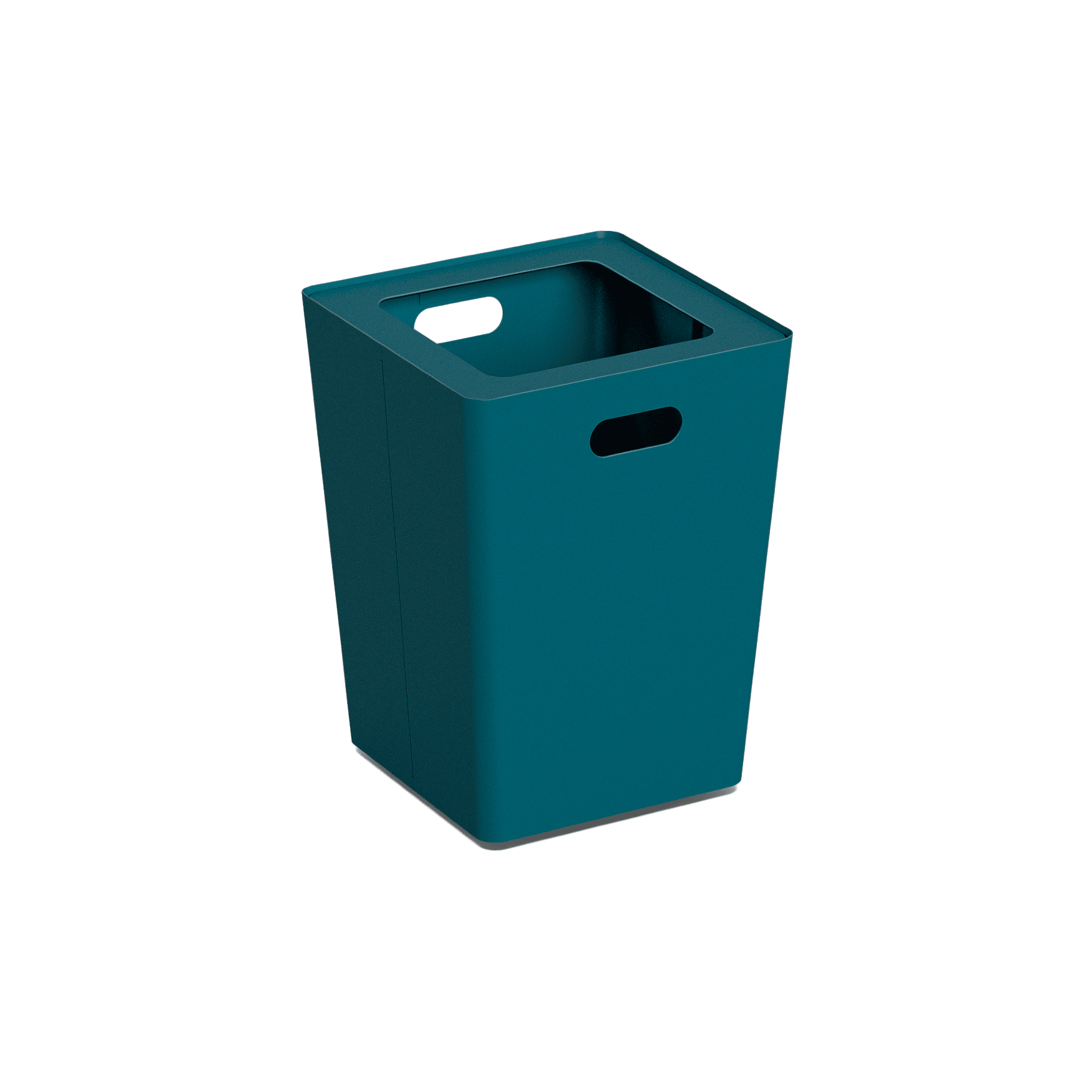 Produktbillede af en lille affaldsspand, som er i et firkanten design og indkast i toppen. Spanden bliver lidt slankere jo længere ned man kommer. Den har 2 håndtag og er i nuancen blå