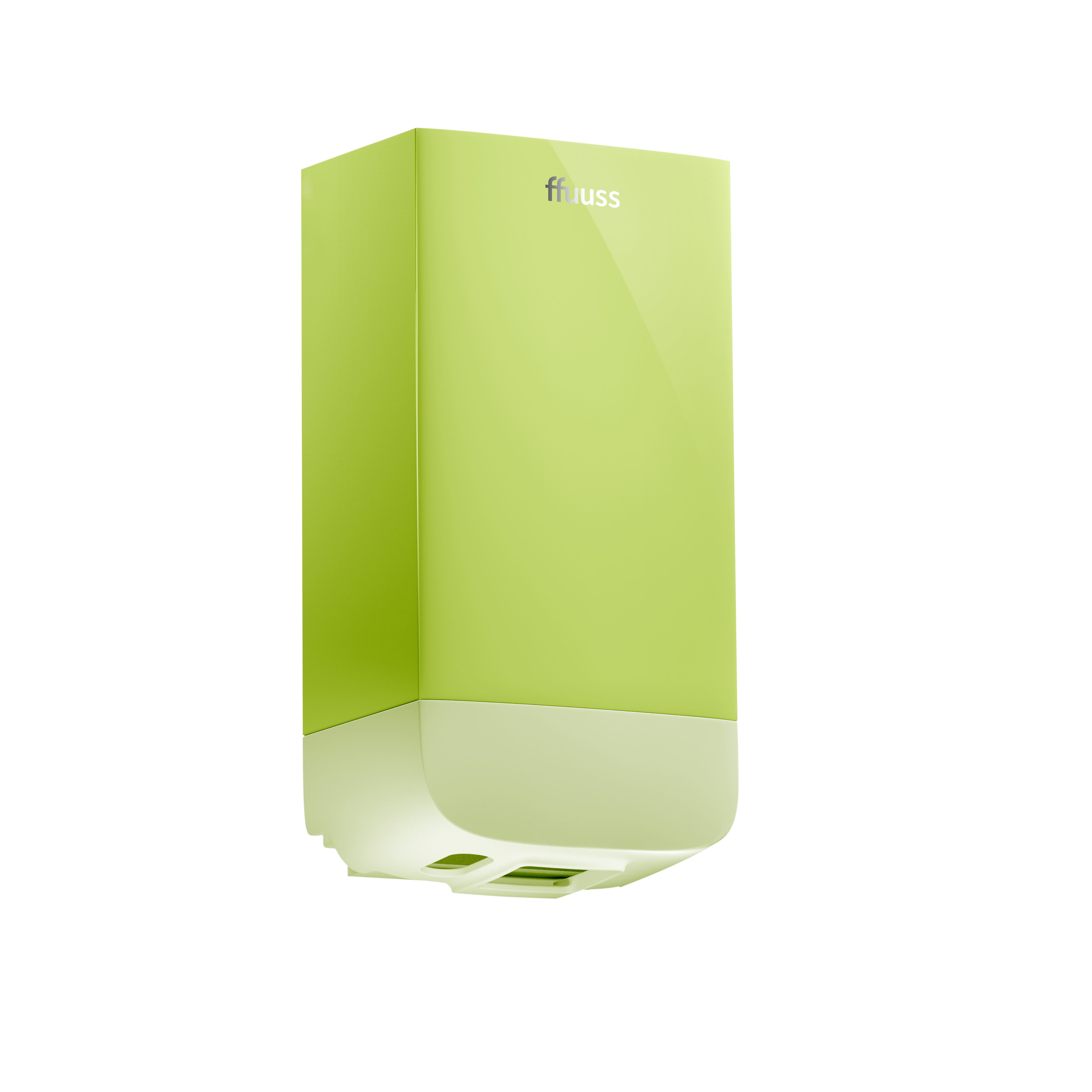 Billede af FFUUSS DOM sæbedispenser i grøn plast med hvid baggrund. Sæbedispenseren har et glat, buet design med en lille åbning i bunden, hvor sæben kommer ud. På billedet er FFUUSS logoet øverst, og farven har en glans.
