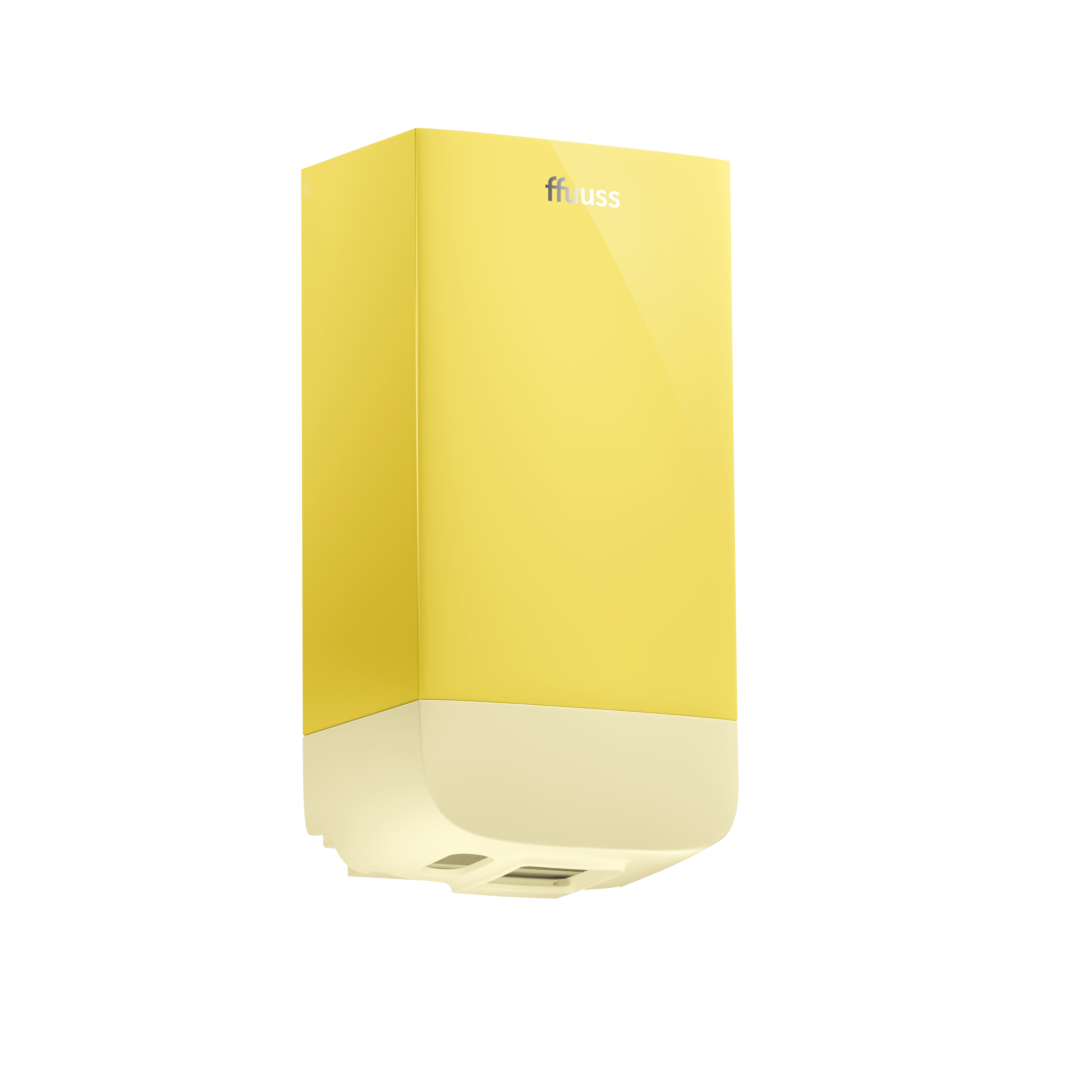 Billede af FFUUSS DOM sæbedispenser i gul plast med hvid baggrund. Sæbedispenseren har et glat, buet design med en lille åbning i bunden, hvor sæben kommer ud. På billedet er FFUUSS logoet øverst, og farven har en glans.