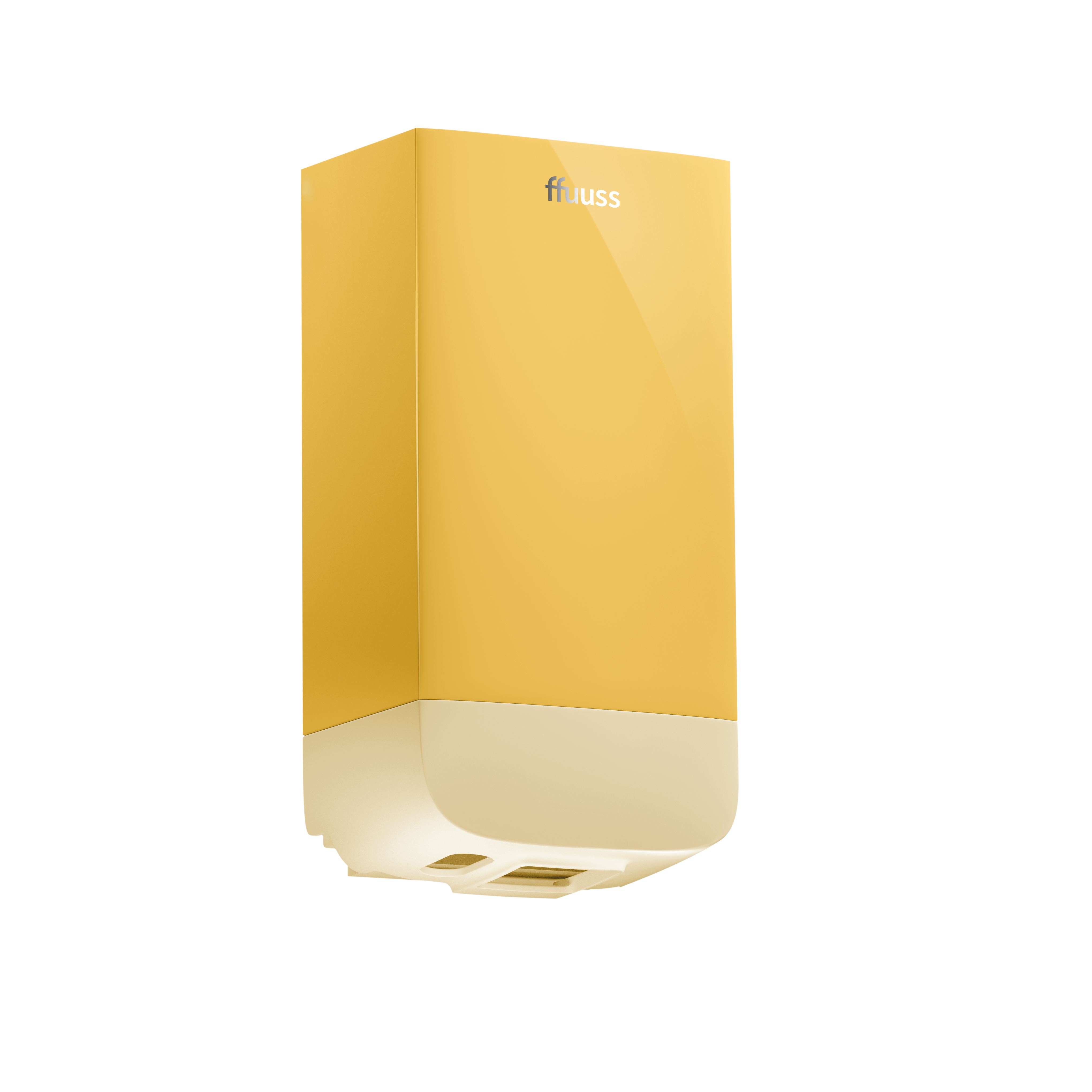 Billede af FFUUSS DOM sæbedispenser i lys orange plast med hvid baggrund. Sæbedispenseren har et glat, buet design med en lille åbning i bunden, hvor sæben kommer ud. På billedet er FFUUSS logoet øverst, og farven har en glans.