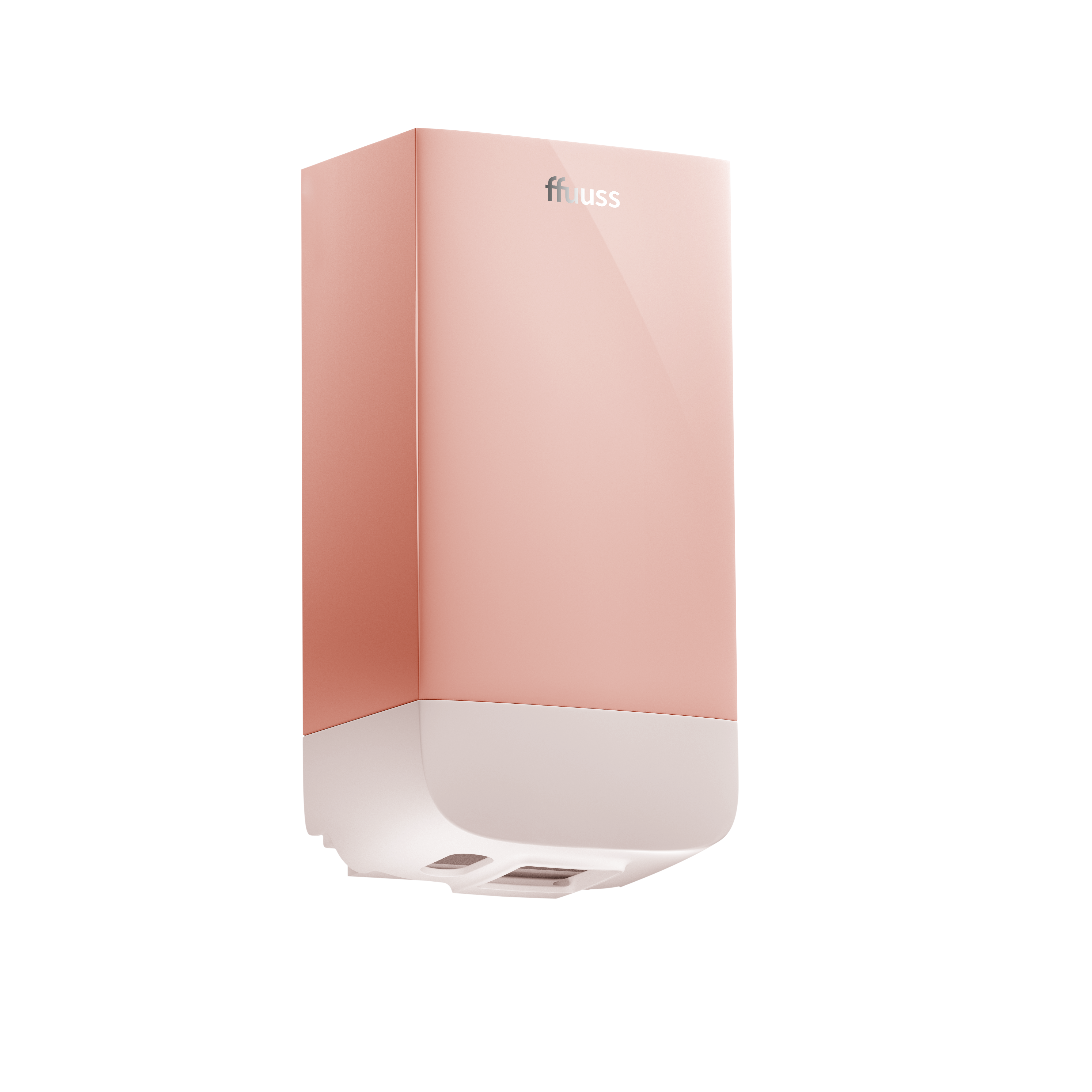 Billede af FFUUSS DOM sæbedispenser i pink plast med hvid baggrund. Sæbedispenseren har et glat, buet design med en lille åbning i bunden, hvor sæben kommer ud. På billedet er FFUUSS logoet øverst, og farven har en glans.