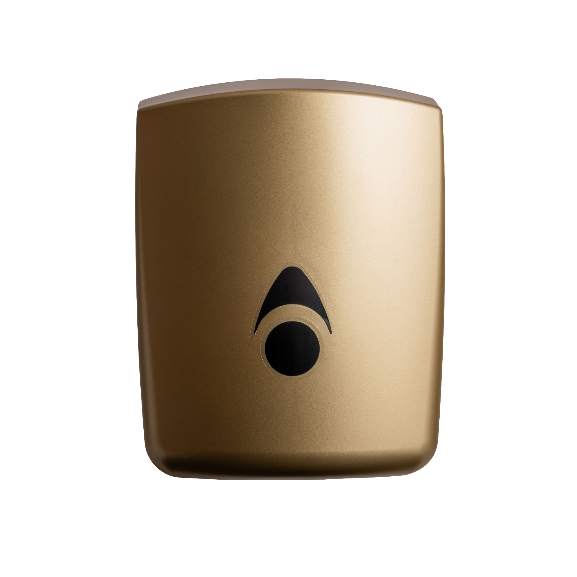 Produktbillede af myriad designer range centertræk dispenser i mat guld. På billedet kan man se hele centertræk dispenseren fra fronten.