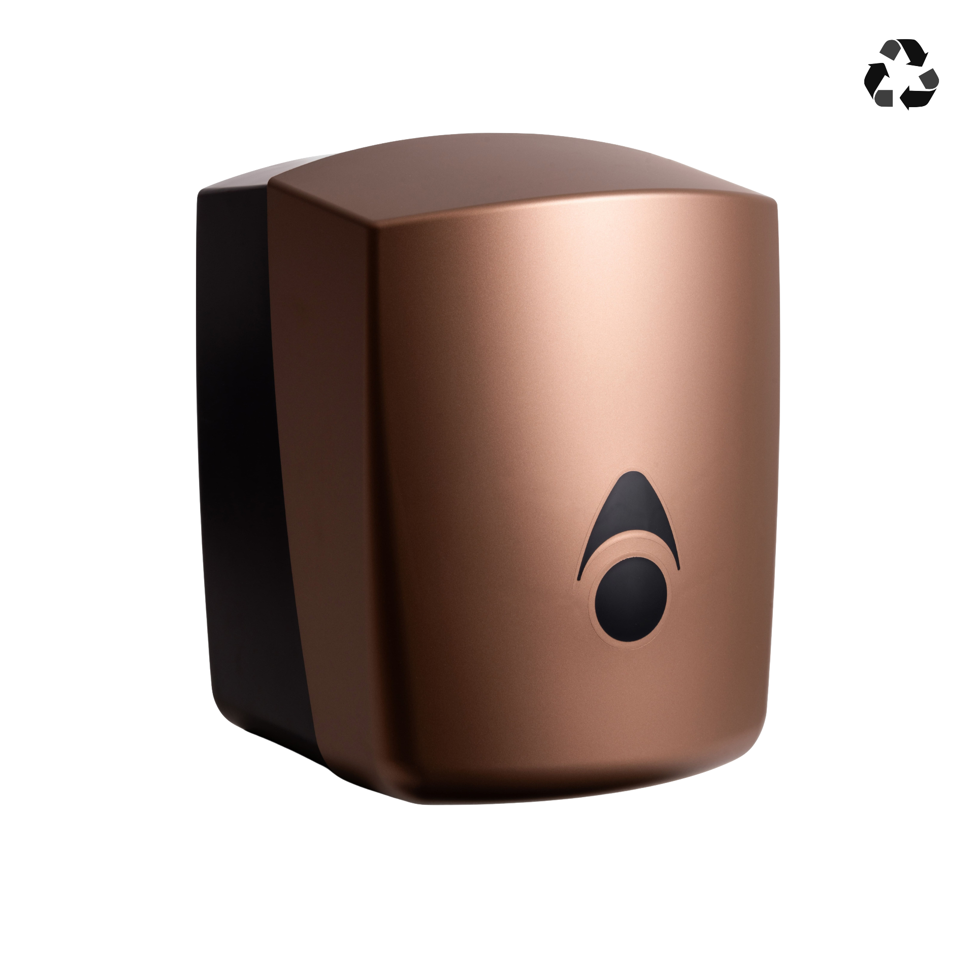 Produktbillede af myriad designer range centertræk dispenser i mat kobber. På billedet kan man se hele centertræk dispenseren fra fronten/siden.