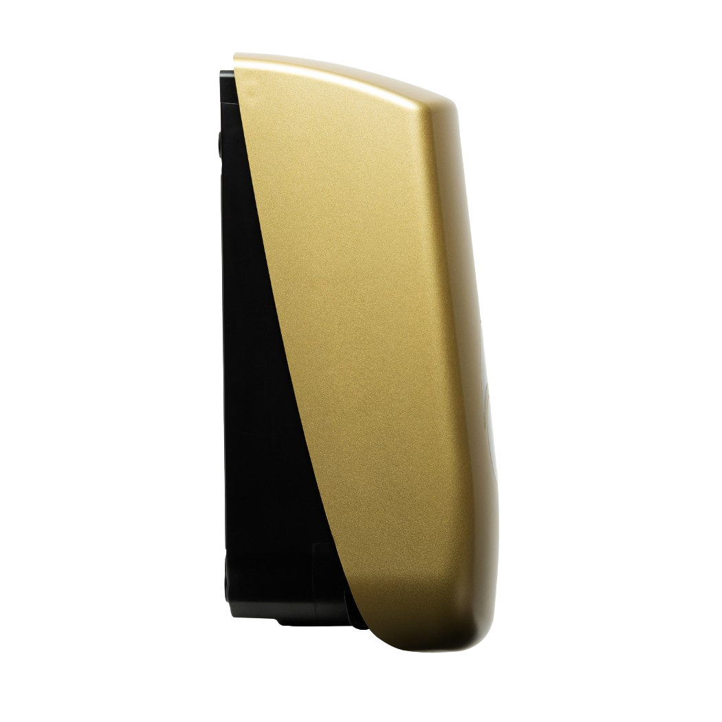 Produktbillede af myriad designer range sæbedispenser i mat guld finish fra siden.