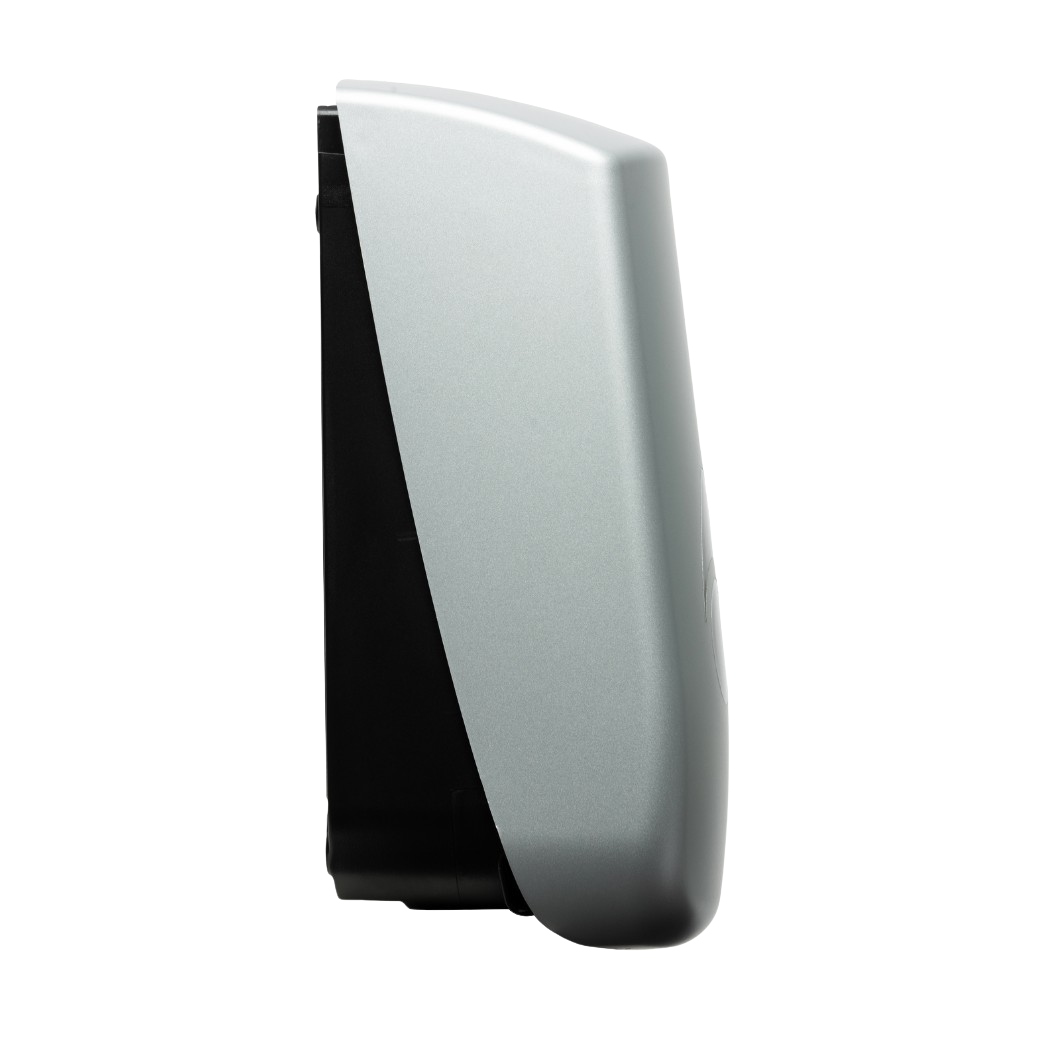 Produktbillede af myriad designer range sæbedispenser i mat sølv finish fra siden.