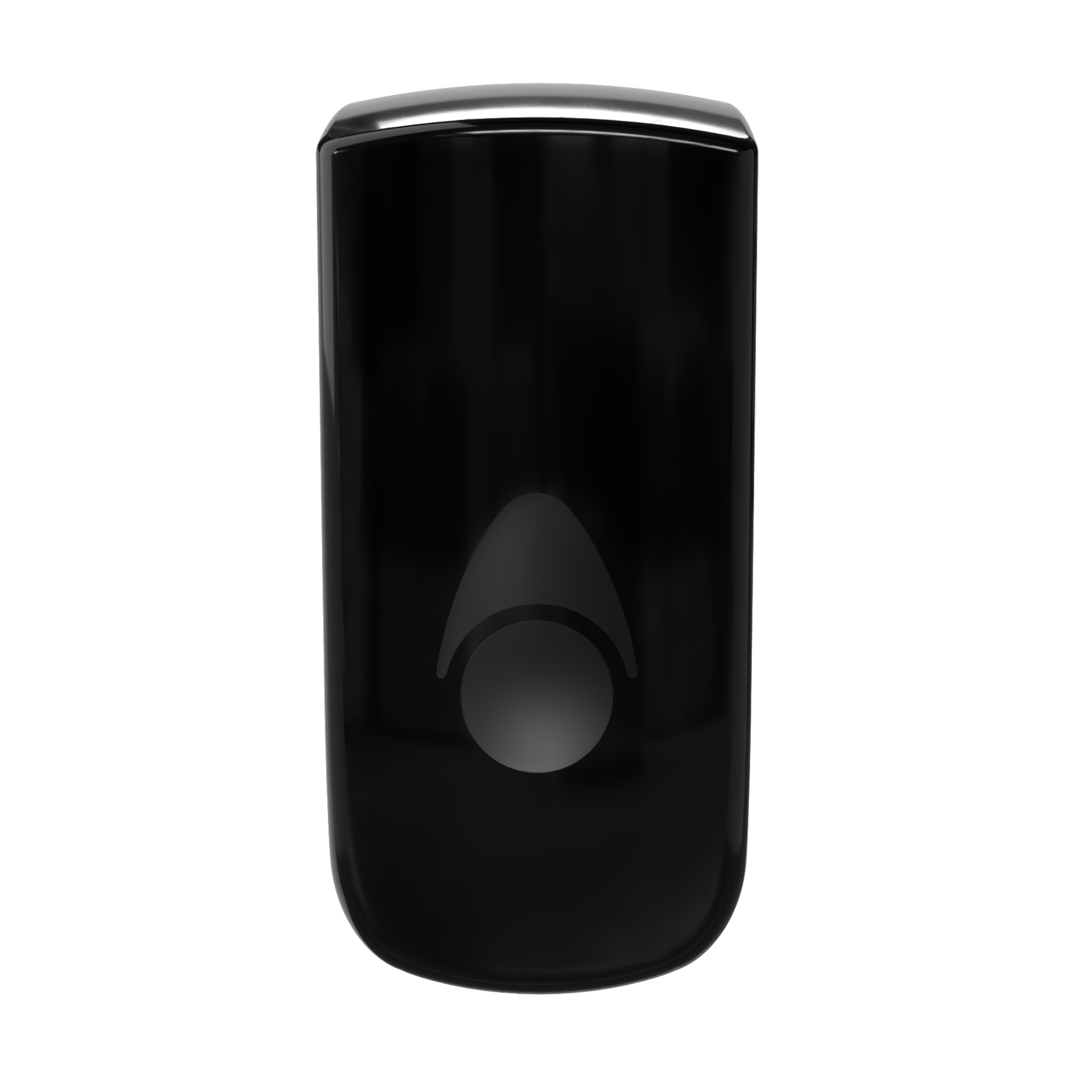 Myriad sæbedispenser i sort genbrugsplast, ideel til skum- og flydende sæbe, 900 ml kapacitet, nem genopfyldning med nøgle, perfekt til kontor og institutioner. Billede af dispenserens front.