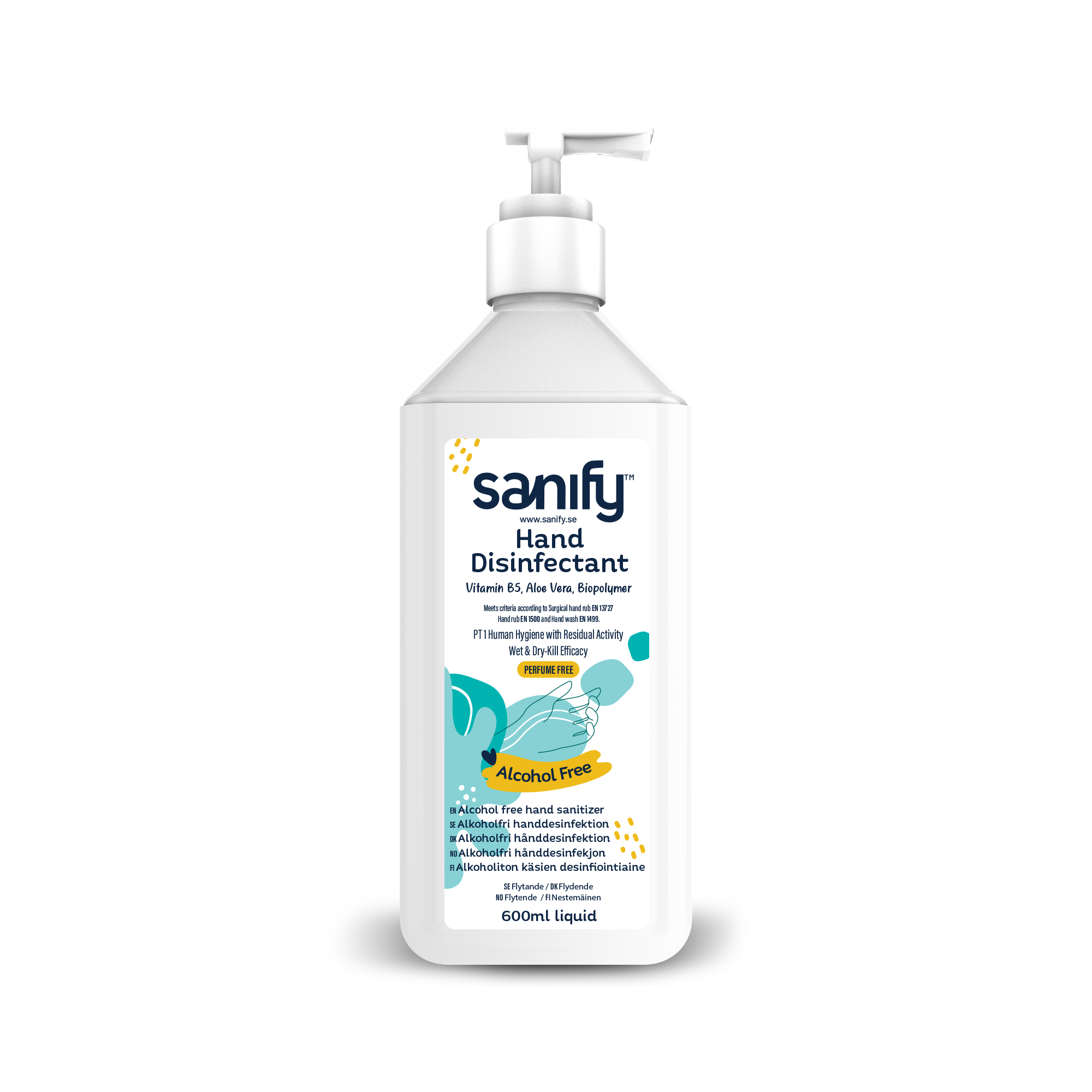 Sanify 600 ml hånddesinfektionsmiddel i plastflaske med pumpe og gennemsigtig hætte. Flasken er prydet med Sanify-logo og blå/grøn grafik, der fremhæver produktets vandbaserede og alkoholfri egenskaber.