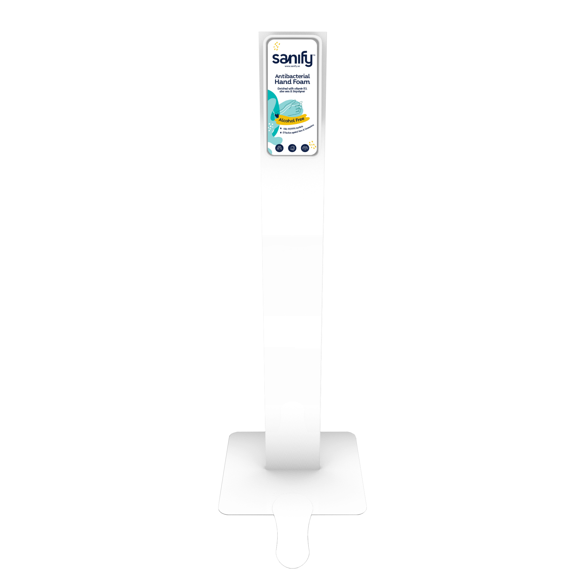 Sanify dispenser i hvid med gulvstander – berøringsfri og automatisk dispenser til Sanify hånddesinfektion. Ideel til kontorer, receptioner og fællesområder