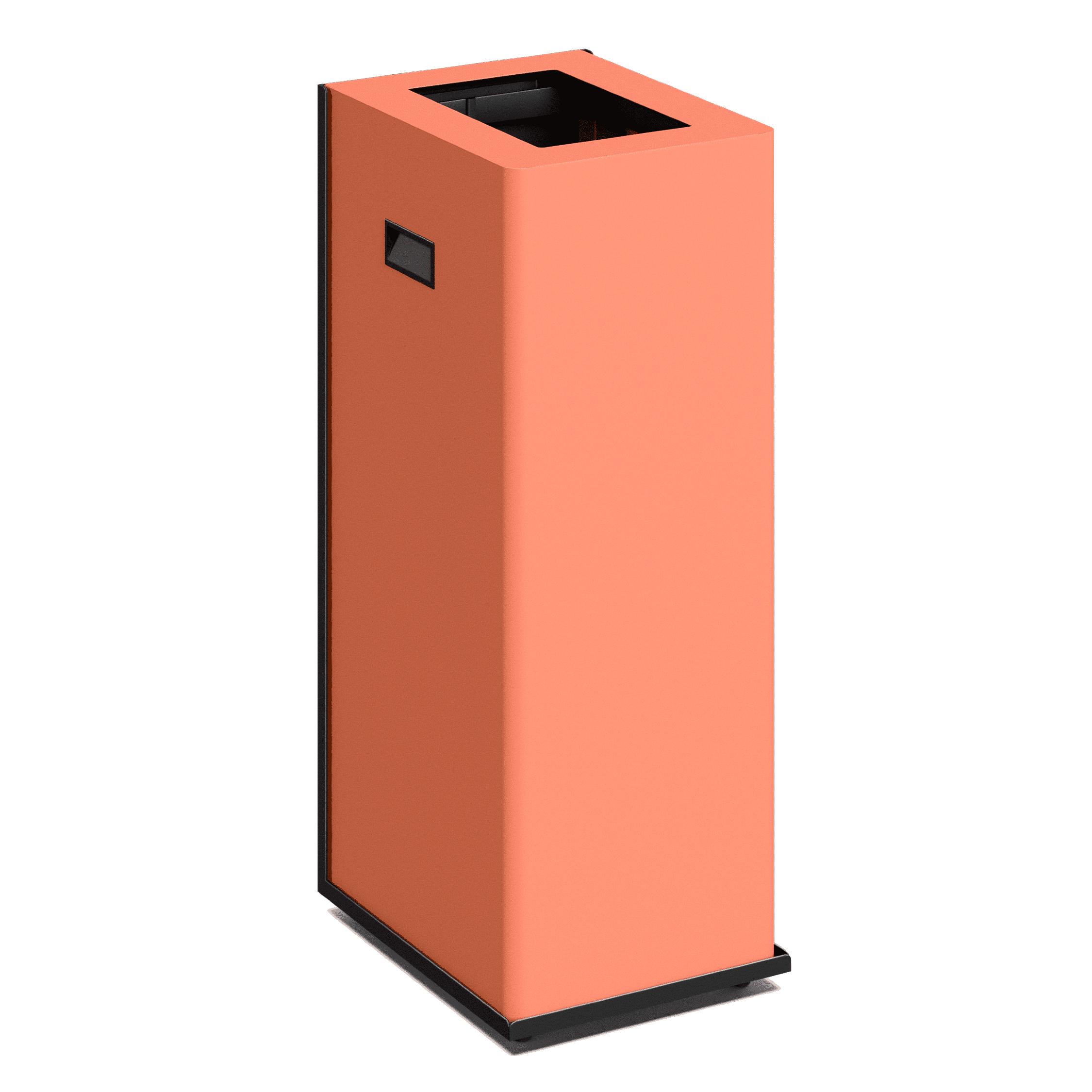 Produktbillede af en affaldsbeholder i et flot design. Den har et rektangulært design og øverst er et rektangulært indkast på affaldsbeholdere til skrald. Den fremstår i nuancen pink