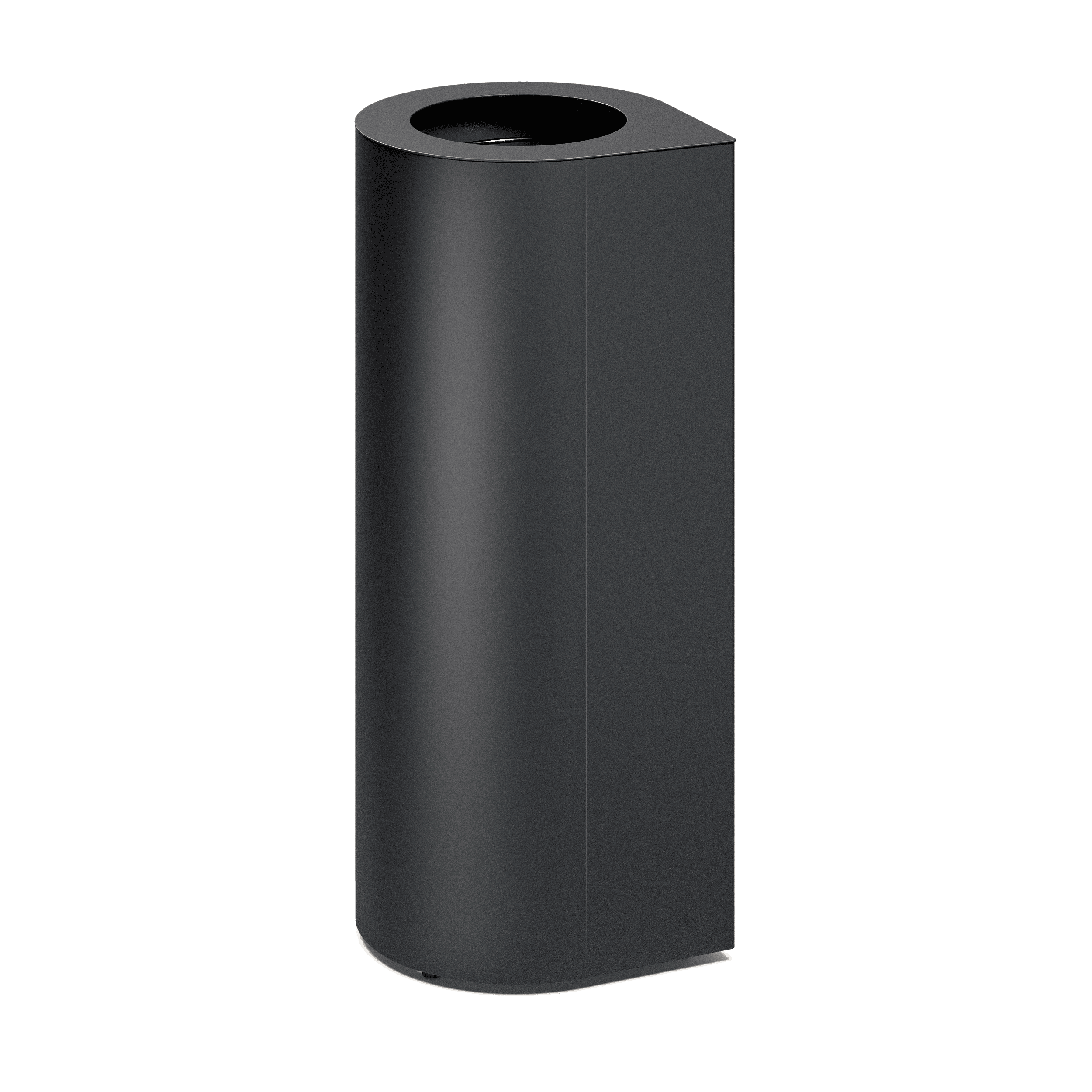 Produktbillede af en affaldsbeholder som fremstår med et ovalt slankt design, hvor der i toppen kan ses 1 indkast. Denne fremstår i nuancen sort
