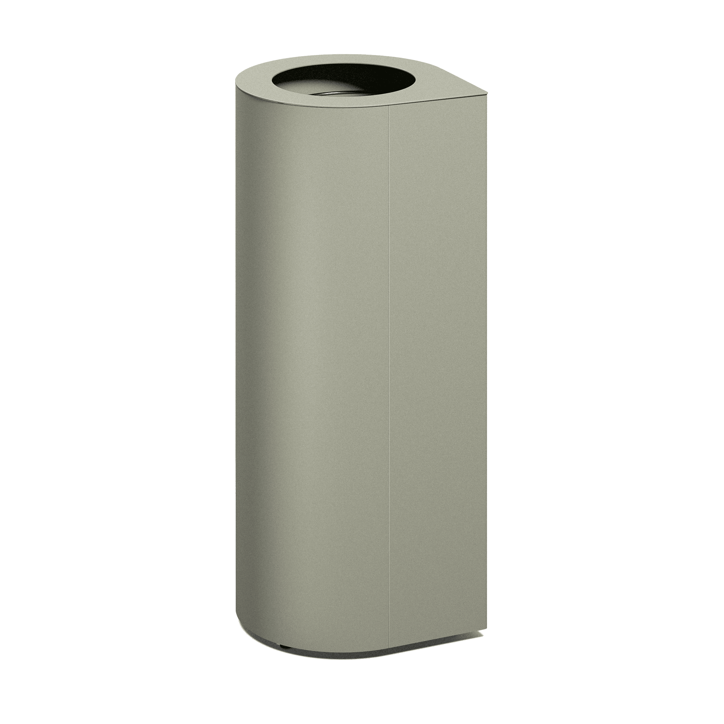 Produktbillede af en affaldsbeholder som fremstår med et ovalt slankt design, hvor der i toppen kan ses 1 indkast. Denne fremstår i nuancen lysegrå
