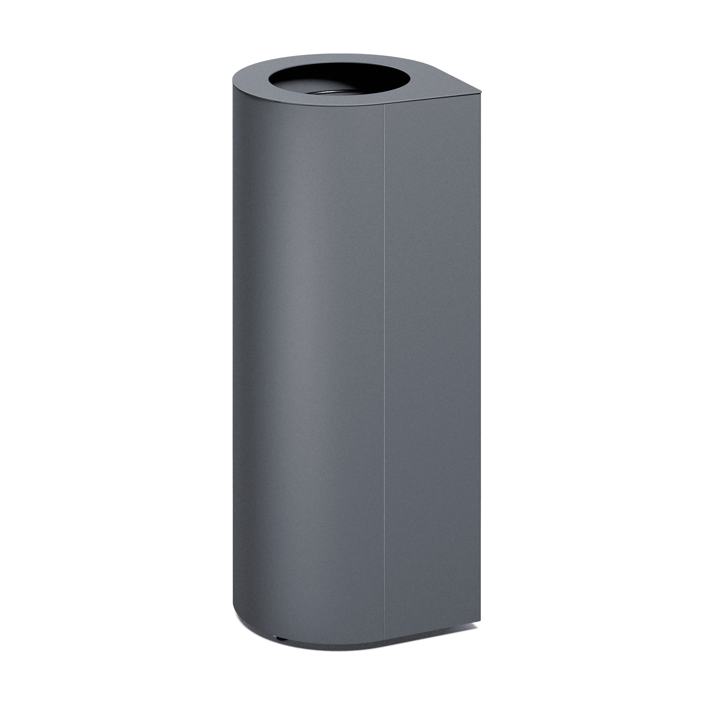 Produktbillede af en affaldsbeholder som fremstår med et ovalt slankt design, hvor der i toppen kan ses 1 indkast. Denne fremstår i nuancen grå