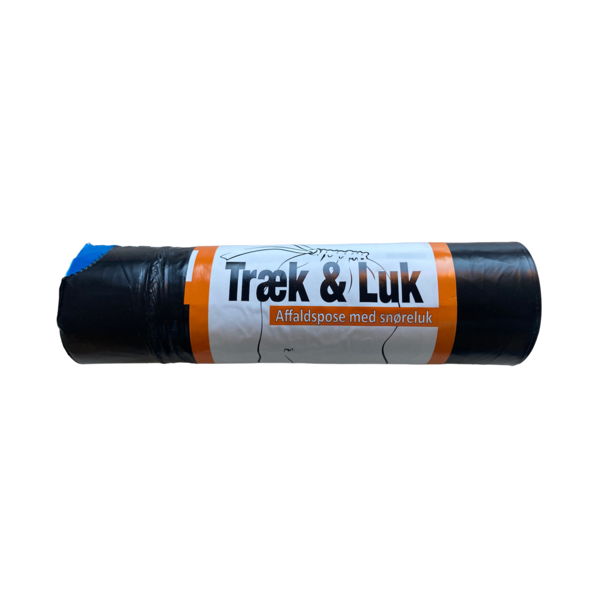 Billede af affaldsposebundt med træk-og-luk. På bundtet fremgår der "Træk & Luk" og "Affaldspose med snøreluk"
