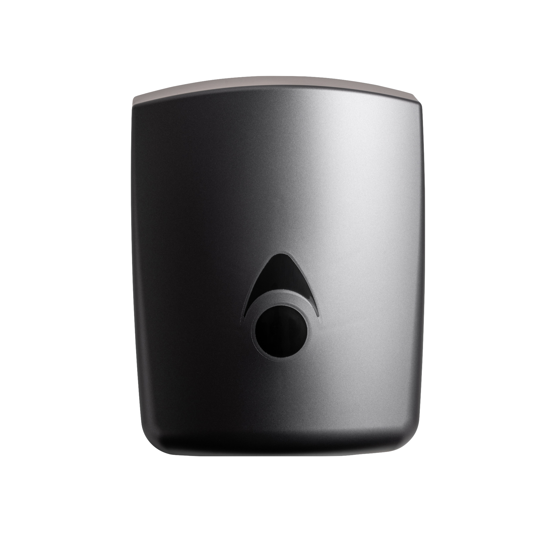 Produktbillede af myriad designer range centertræk dispenser i mat grå. På billedet kan man se hele centertræk dispenseren fra fronten. 