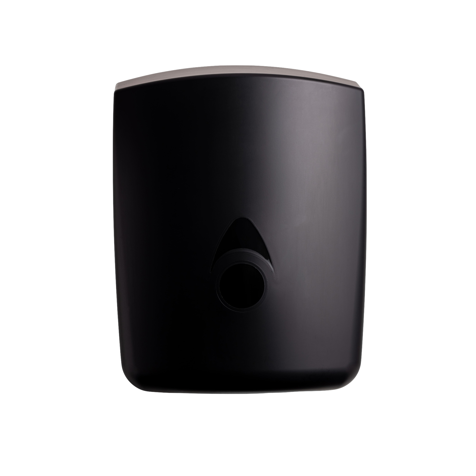 Produktbillede af myriad designer range centertræk dispenser i mat sort. På billedet kan man se hele centertræk dispenseren fra fronten. 