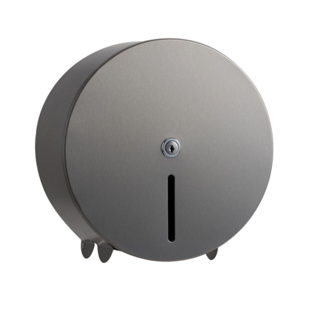 Billede af opal dispenser til små jumboruller i børstet stål. Dispenseren har en rund form. 