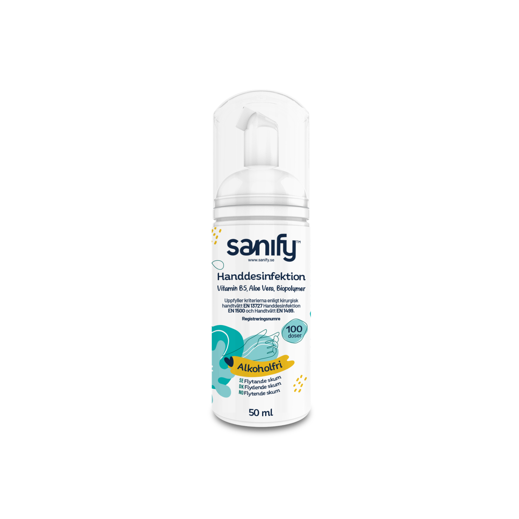 Sanify 50 ml hånddesinfektionsmiddel i plastflaske med skumpumpe. Flasken er hvid med blå og grøn grafik, indeholder Aloe Vera og Pro Vitamin B5, og står på en hvid baggrund.